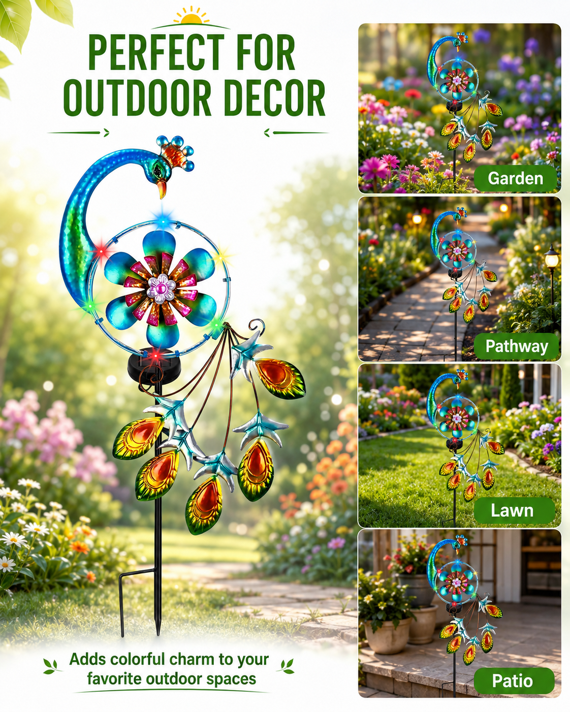 Solar Peacock Garden Stake Lights,Double-Layer Flower Outdoor Yard Decoration, Waterproof Decorative Garden Light for Patio, Lawn, Pathway