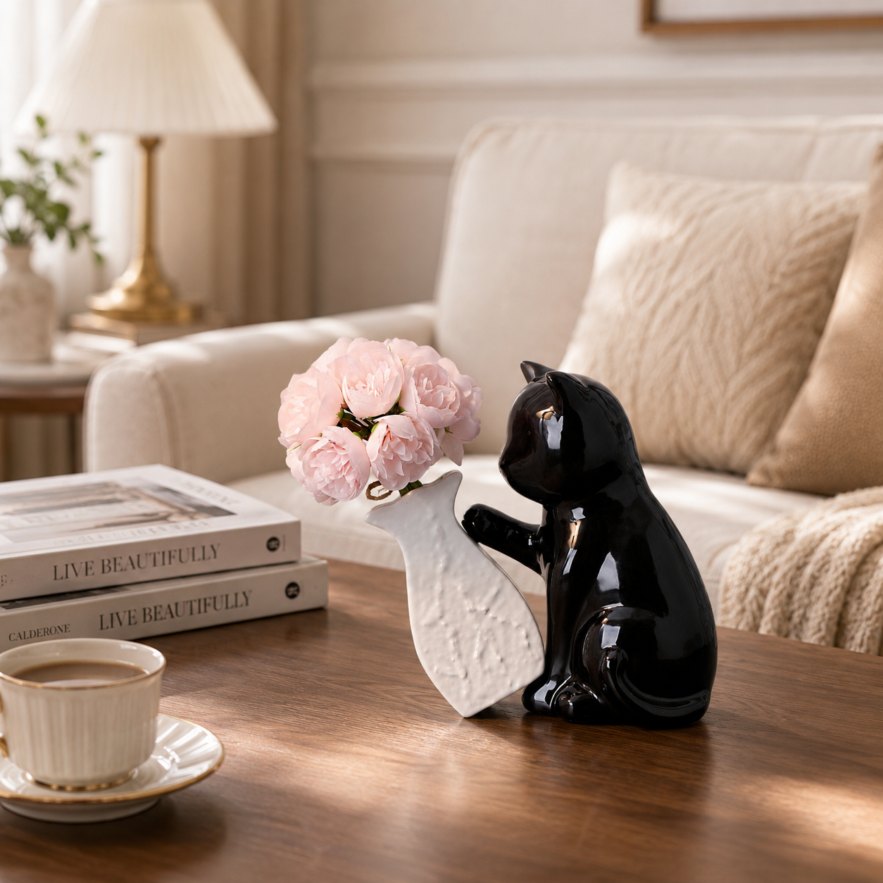 Black Cat Ceramic Vase Decor with Artificial Pink Flowers, Cute Cat Figurine Flower Vase Set, Modern Decorative Table Centerpiece for Living Room, Bedroom, Office, Shelf and Gift