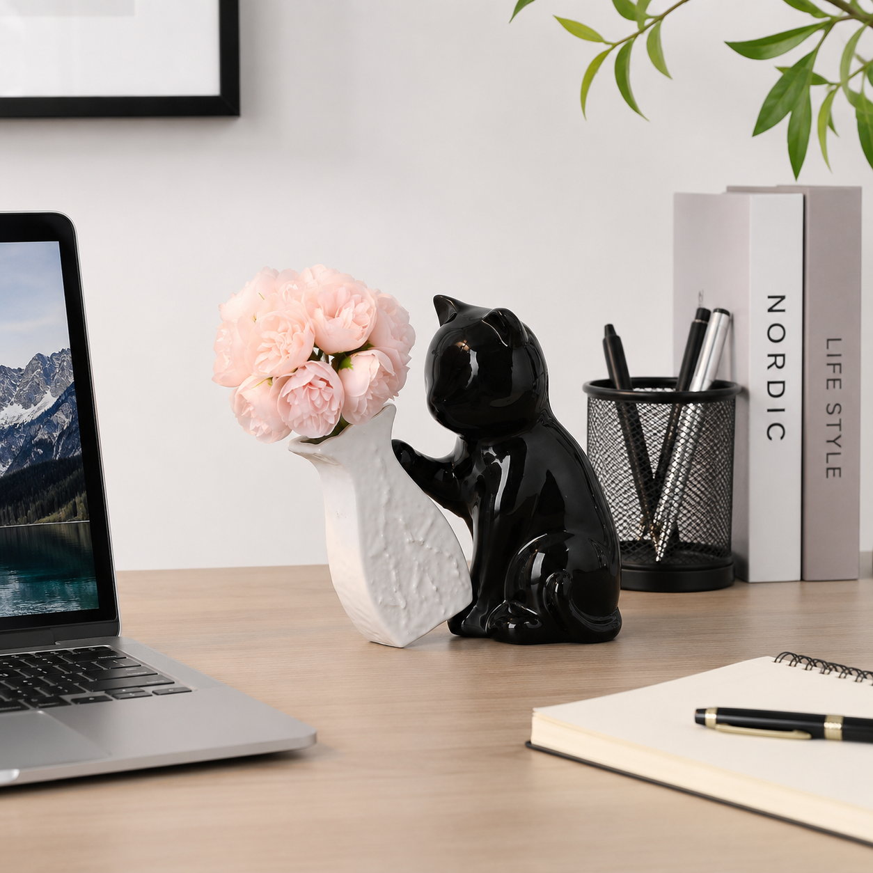Black Cat Ceramic Vase Decor with Artificial Pink Flowers, Cute Cat Figurine Flower Vase Set, Modern Decorative Table Centerpiece for Living Room, Bedroom, Office, Shelf and Gift