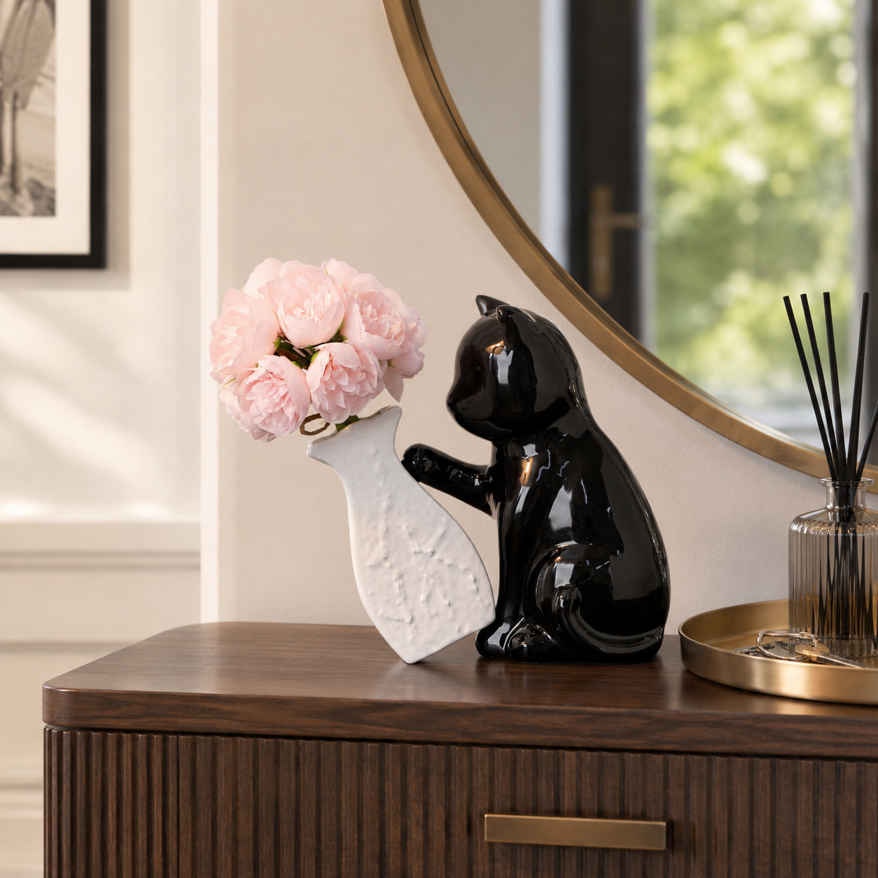 Black Cat Ceramic Vase Decor with Artificial Pink Flowers, Cute Cat Figurine Flower Vase Set, Modern Decorative Table Centerpiece for Living Room, Bedroom, Office, Shelf and Gift