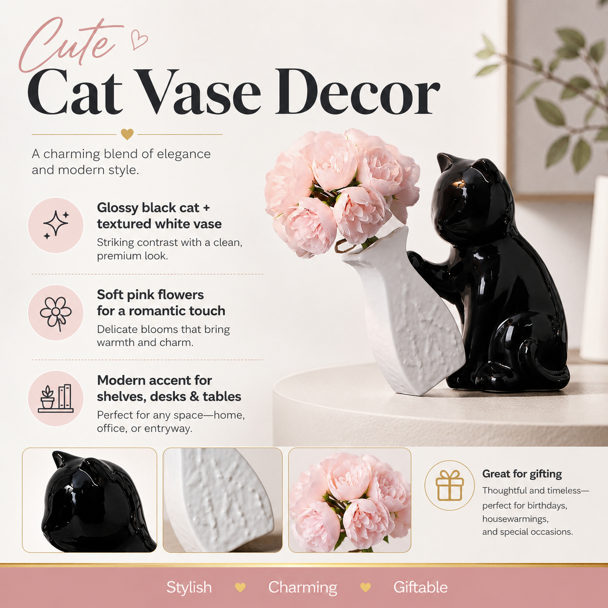 Black Cat Ceramic Vase Decor with Artificial Pink Flowers, Cute Cat Figurine Flower Vase Set, Modern Decorative Table Centerpiece for Living Room, Bedroom, Office, Shelf and Gift