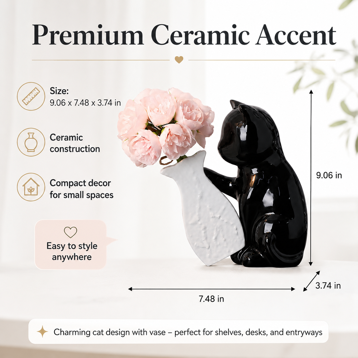 Black Cat Ceramic Vase Decor with Artificial Pink Flowers, Cute Cat Figurine Flower Vase Set, Modern Decorative Table Centerpiece for Living Room, Bedroom, Office, Shelf and Gift