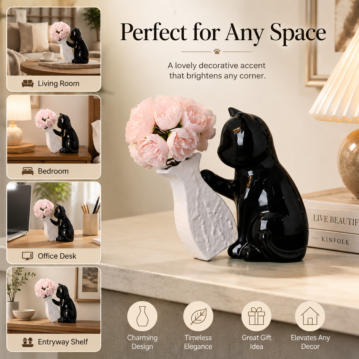 Black Cat Ceramic Vase Decor with Artificial Pink Flowers, Cute Cat Figurine Flower Vase Set, Modern Decorative Table Centerpiece for Living Room, Bedroom, Office, Shelf and Gift