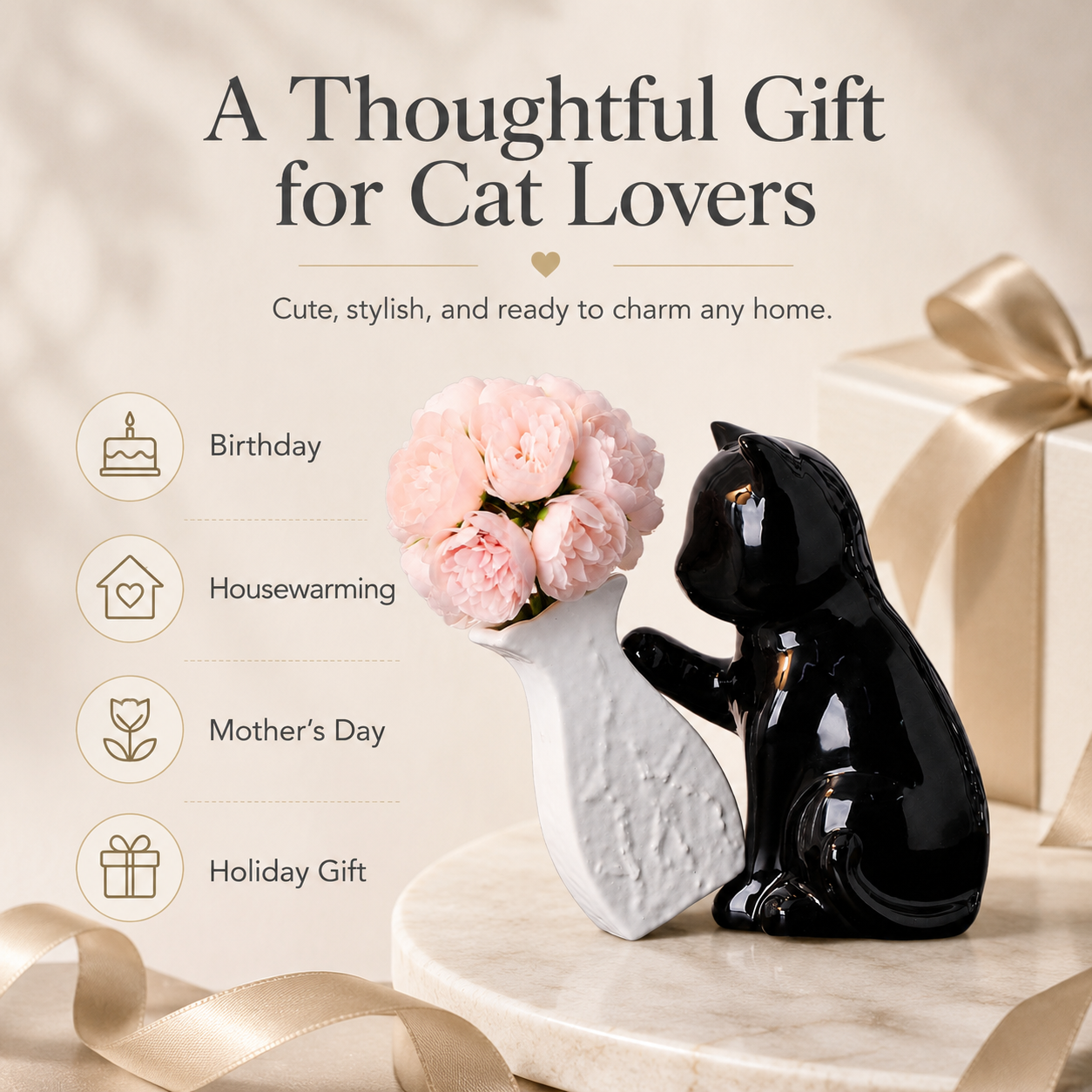 Black Cat Ceramic Vase Decor with Artificial Pink Flowers, Cute Cat Figurine Flower Vase Set, Modern Decorative Table Centerpiece for Living Room, Bedroom, Office, Shelf and Gift