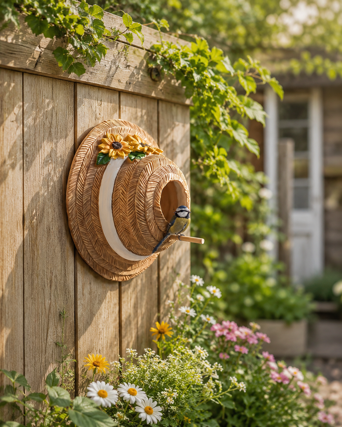 Sunflower Straw Hat Bird House, Wall Mounted Decorative Bird Nest with Perch, Outdoor Resin Birdhouse for Garden, Patio, Yard, Porch, Balcony & Farmhouse Bird Lover Gifts