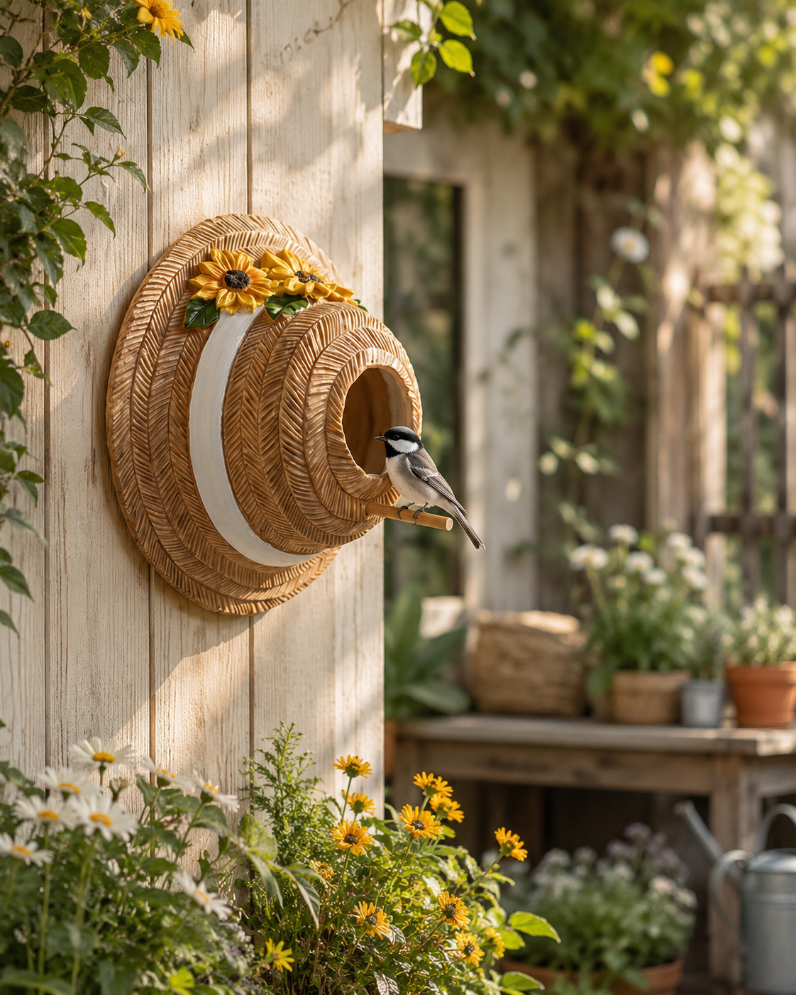 Sunflower Straw Hat Bird House, Wall Mounted Decorative Bird Nest with Perch, Outdoor Resin Birdhouse for Garden, Patio, Yard, Porch, Balcony & Farmhouse Bird Lover Gifts