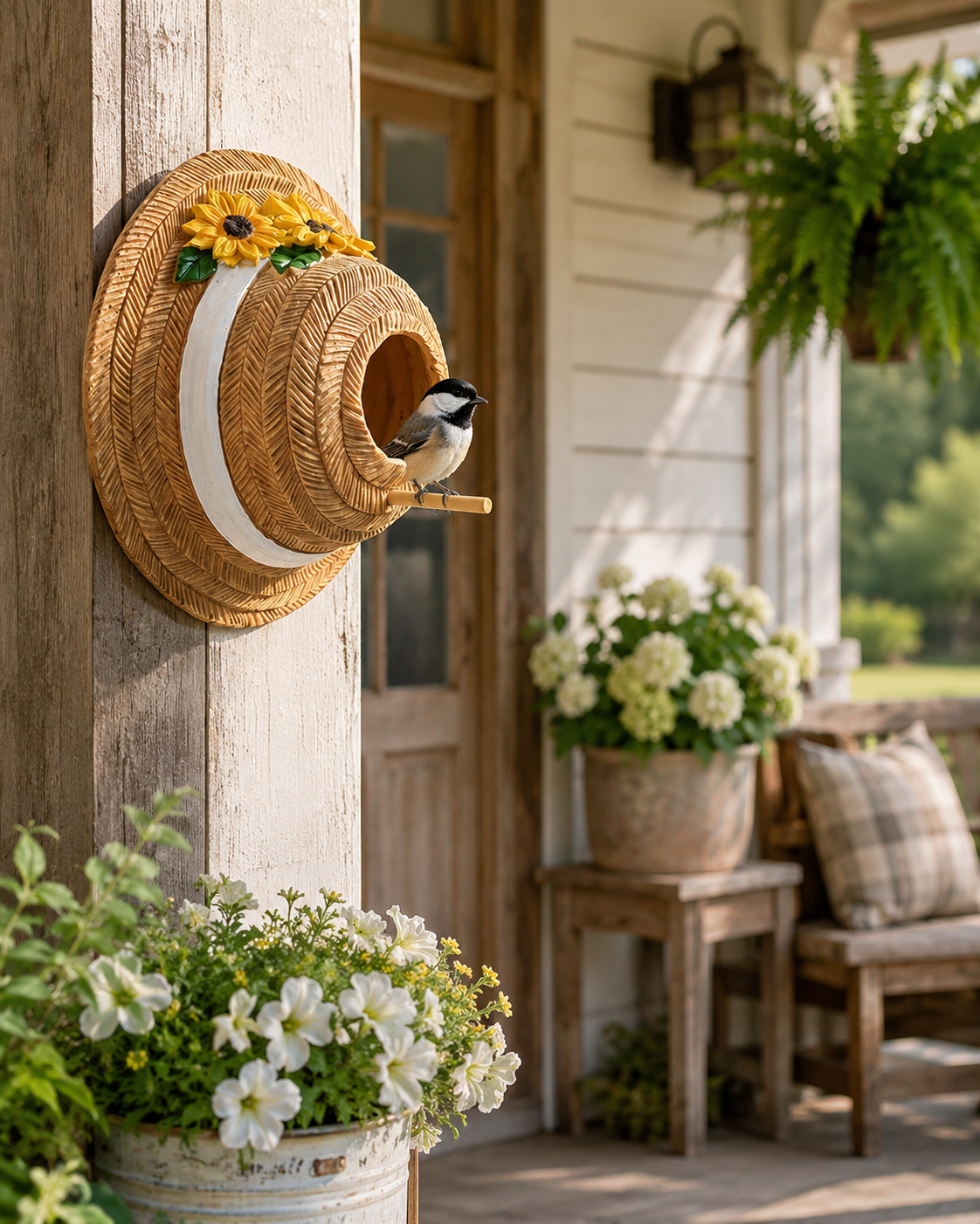 Sunflower Straw Hat Bird House, Wall Mounted Decorative Bird Nest with Perch, Outdoor Resin Birdhouse for Garden, Patio, Yard, Porch, Balcony & Farmhouse Bird Lover Gifts