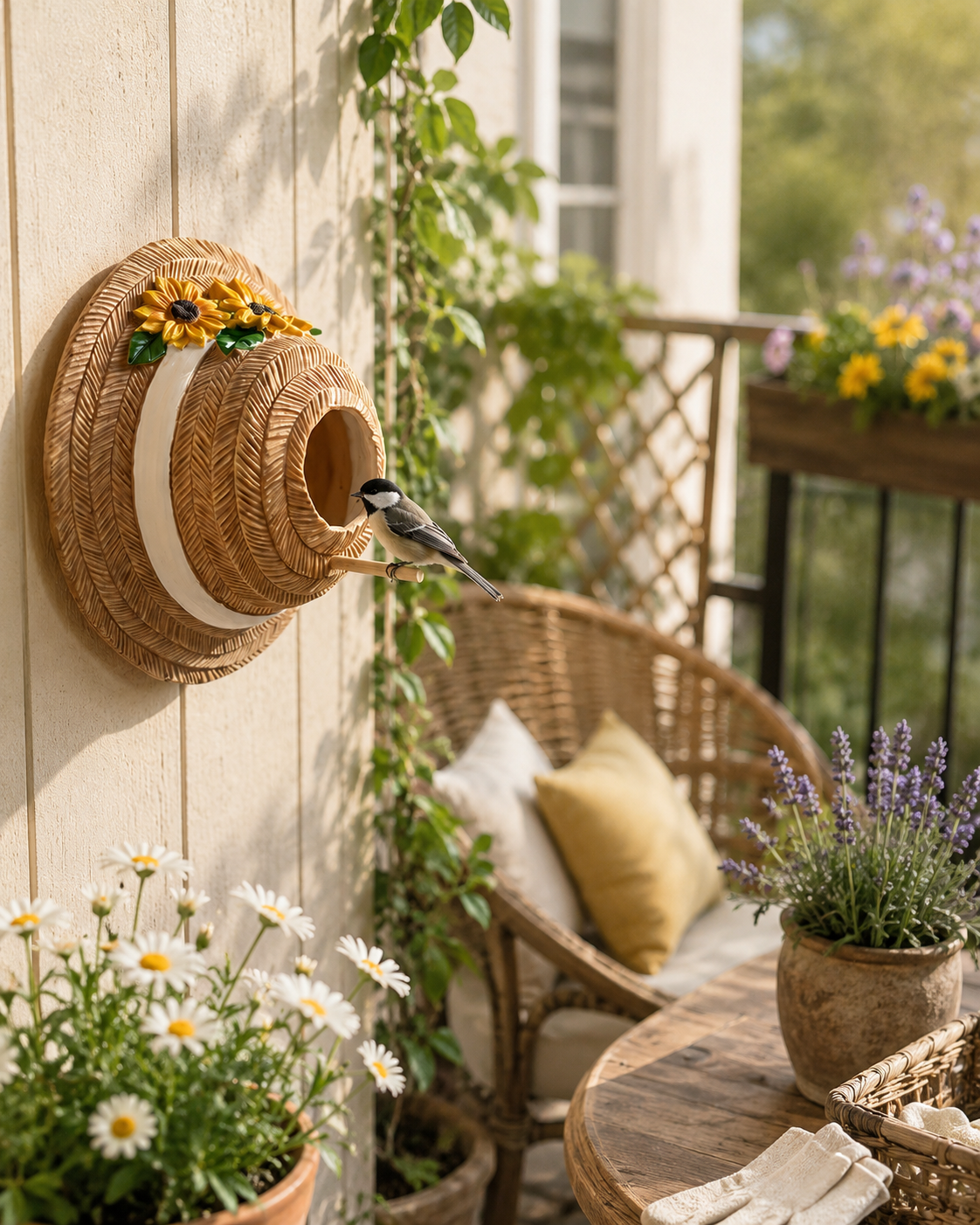 Sunflower Straw Hat Bird House, Wall Mounted Decorative Bird Nest with Perch, Outdoor Resin Birdhouse for Garden, Patio, Yard, Porch, Balcony & Farmhouse Bird Lover Gifts