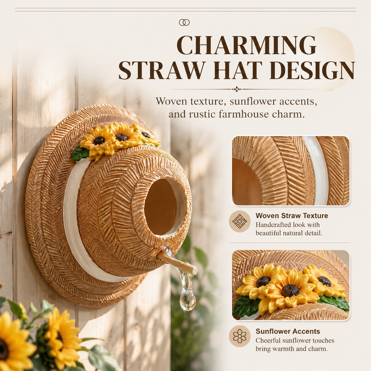 Sunflower Straw Hat Bird House, Wall Mounted Decorative Bird Nest with Perch, Outdoor Resin Birdhouse for Garden, Patio, Yard, Porch, Balcony & Farmhouse Bird Lover Gifts