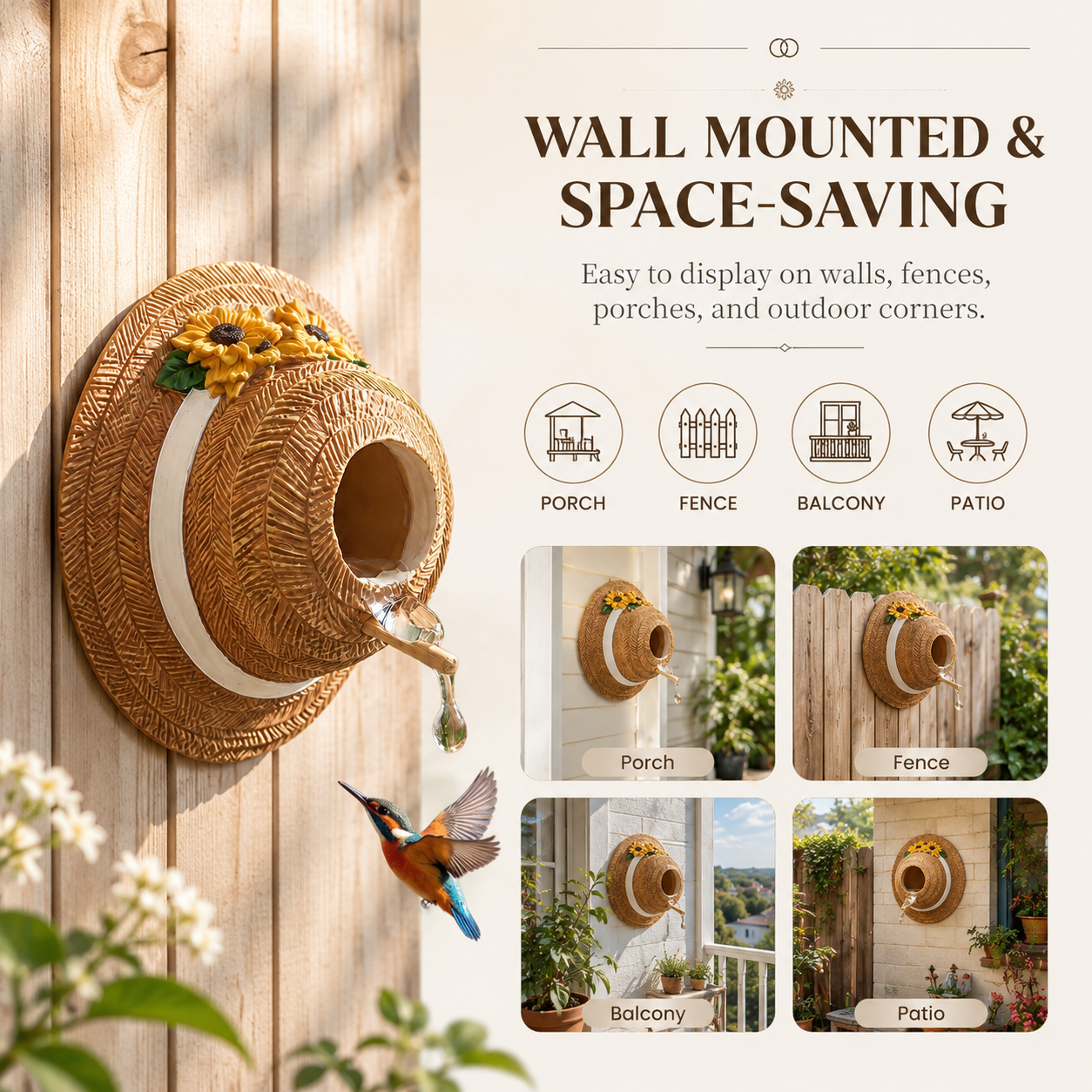 Sunflower Straw Hat Bird House, Wall Mounted Decorative Bird Nest with Perch, Outdoor Resin Birdhouse for Garden, Patio, Yard, Porch, Balcony & Farmhouse Bird Lover Gifts