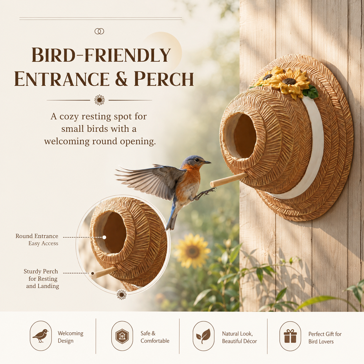 Sunflower Straw Hat Bird House, Wall Mounted Decorative Bird Nest with Perch, Outdoor Resin Birdhouse for Garden, Patio, Yard, Porch, Balcony & Farmhouse Bird Lover Gifts