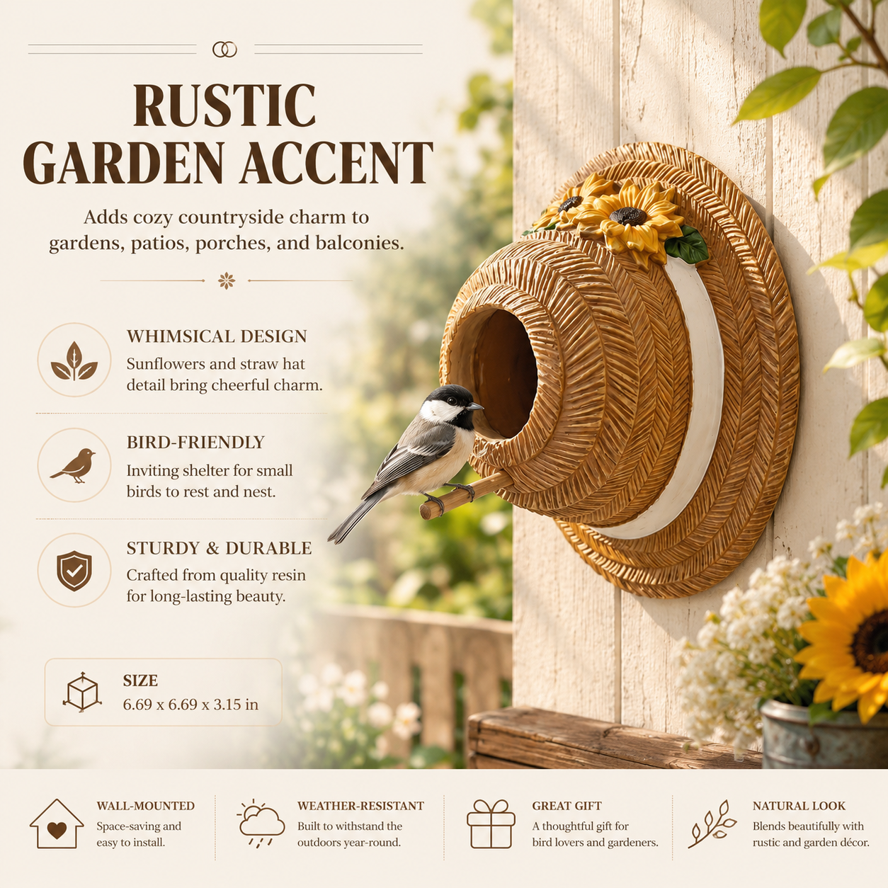 Sunflower Straw Hat Bird House, Wall Mounted Decorative Bird Nest with Perch, Outdoor Resin Birdhouse for Garden, Patio, Yard, Porch, Balcony & Farmhouse Bird Lover Gifts