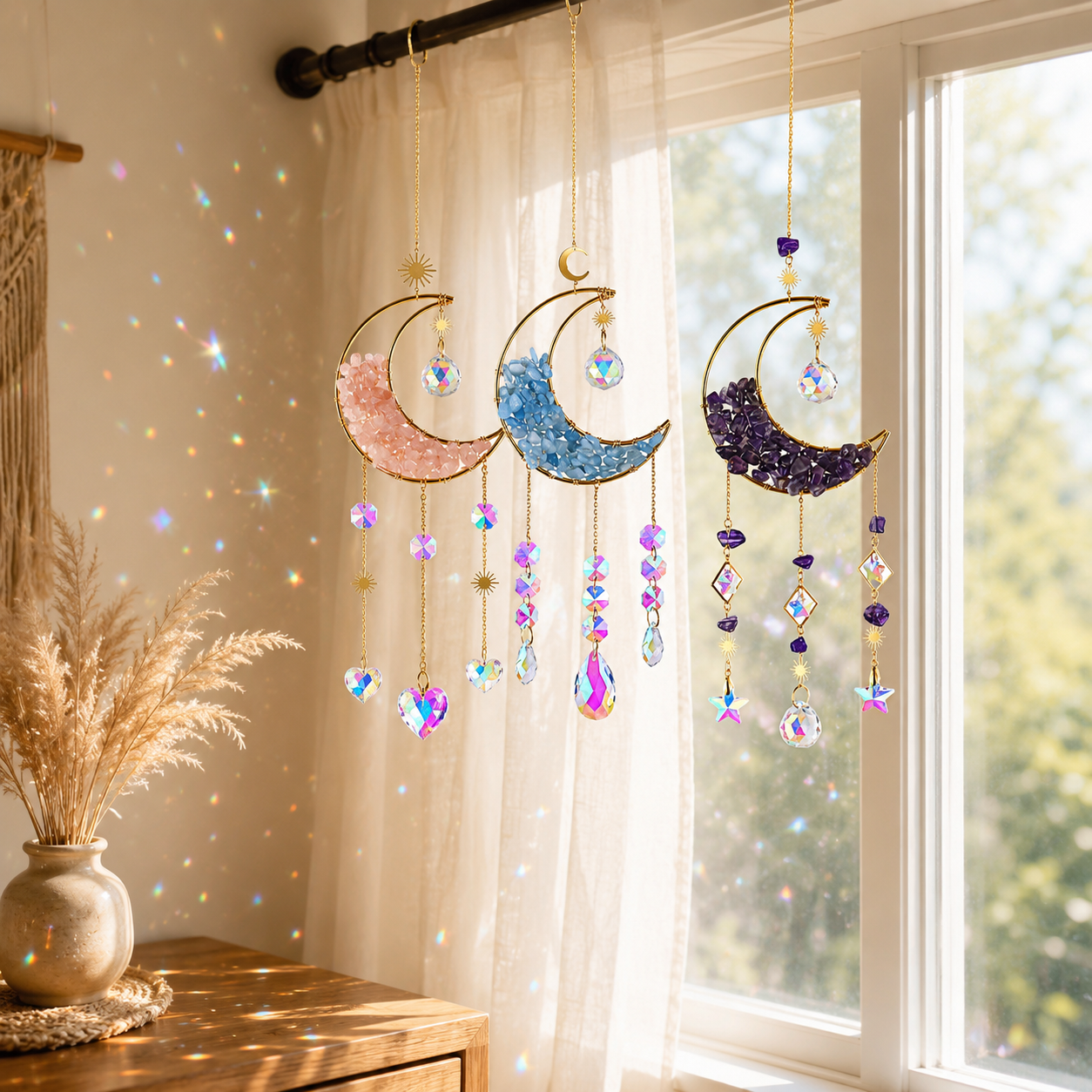 Moon Crystal Suncatcher Hanging Ornament, Gold Crescent Moon Window Hanging Decor with Natural Stone Chips, Iridescent Crystal Prisms & Star Charms, Boho Sun Catcher for Window, Bedroom, Nursery, Wall Decor