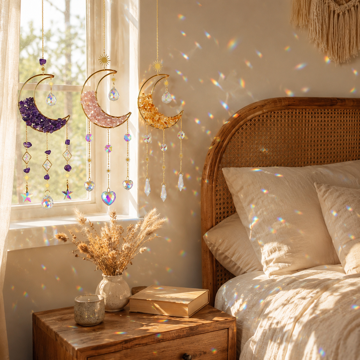 Moon Crystal Suncatcher Hanging Ornament, Gold Crescent Moon Window Hanging Decor with Natural Stone Chips, Iridescent Crystal Prisms & Star Charms, Boho Sun Catcher for Window, Bedroom, Nursery, Wall Decor