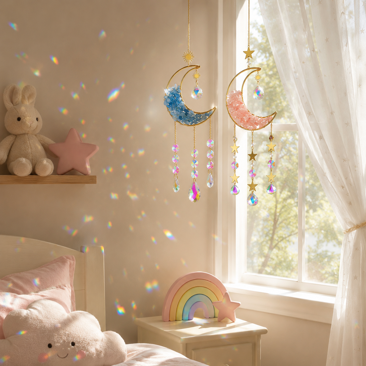 Moon Crystal Suncatcher Hanging Ornament, Gold Crescent Moon Window Hanging Decor with Natural Stone Chips, Iridescent Crystal Prisms & Star Charms, Boho Sun Catcher for Window, Bedroom, Nursery, Wall Decor