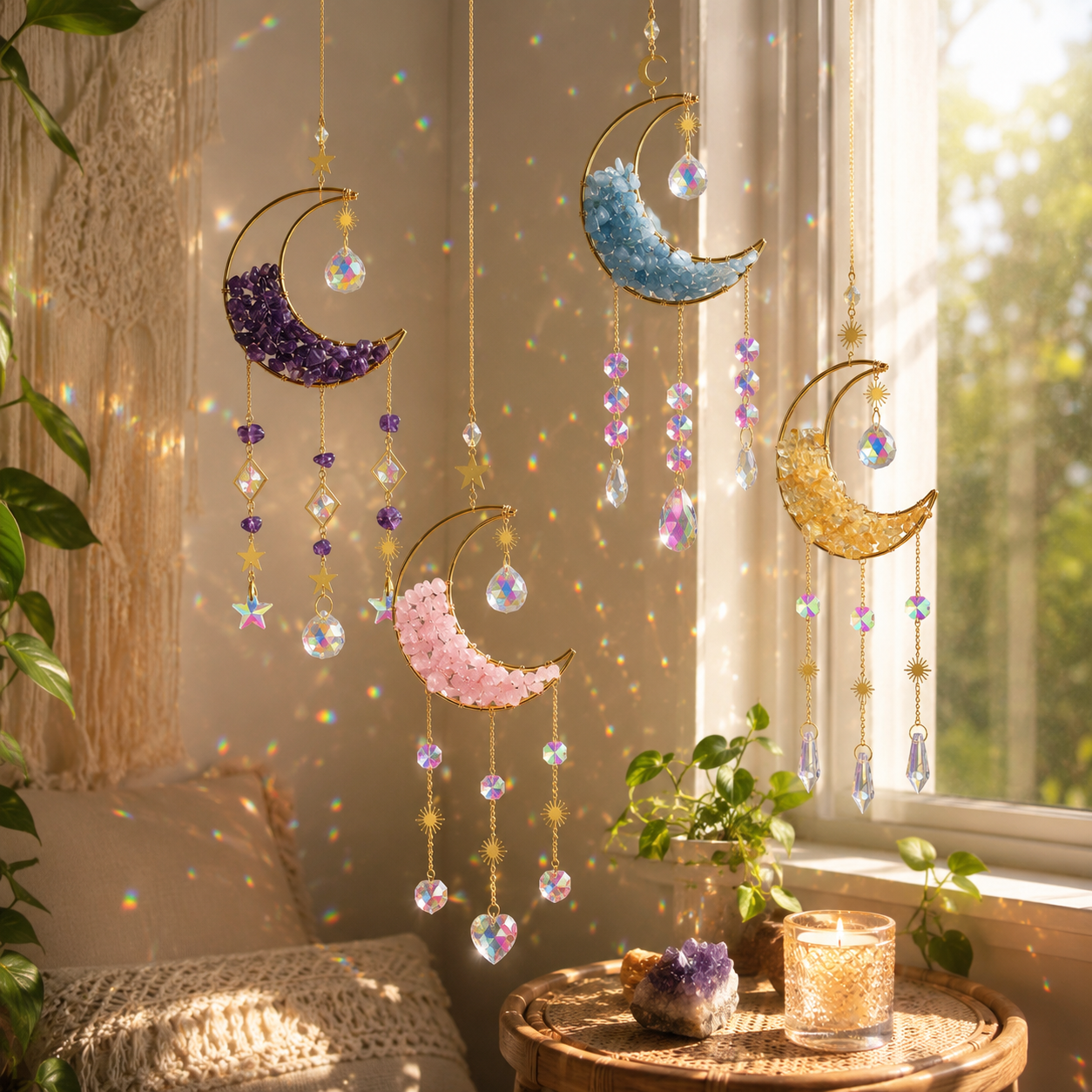 Moon Crystal Suncatcher Hanging Ornament, Gold Crescent Moon Window Hanging Decor with Natural Stone Chips, Iridescent Crystal Prisms & Star Charms, Boho Sun Catcher for Window, Bedroom, Nursery, Wall Decor