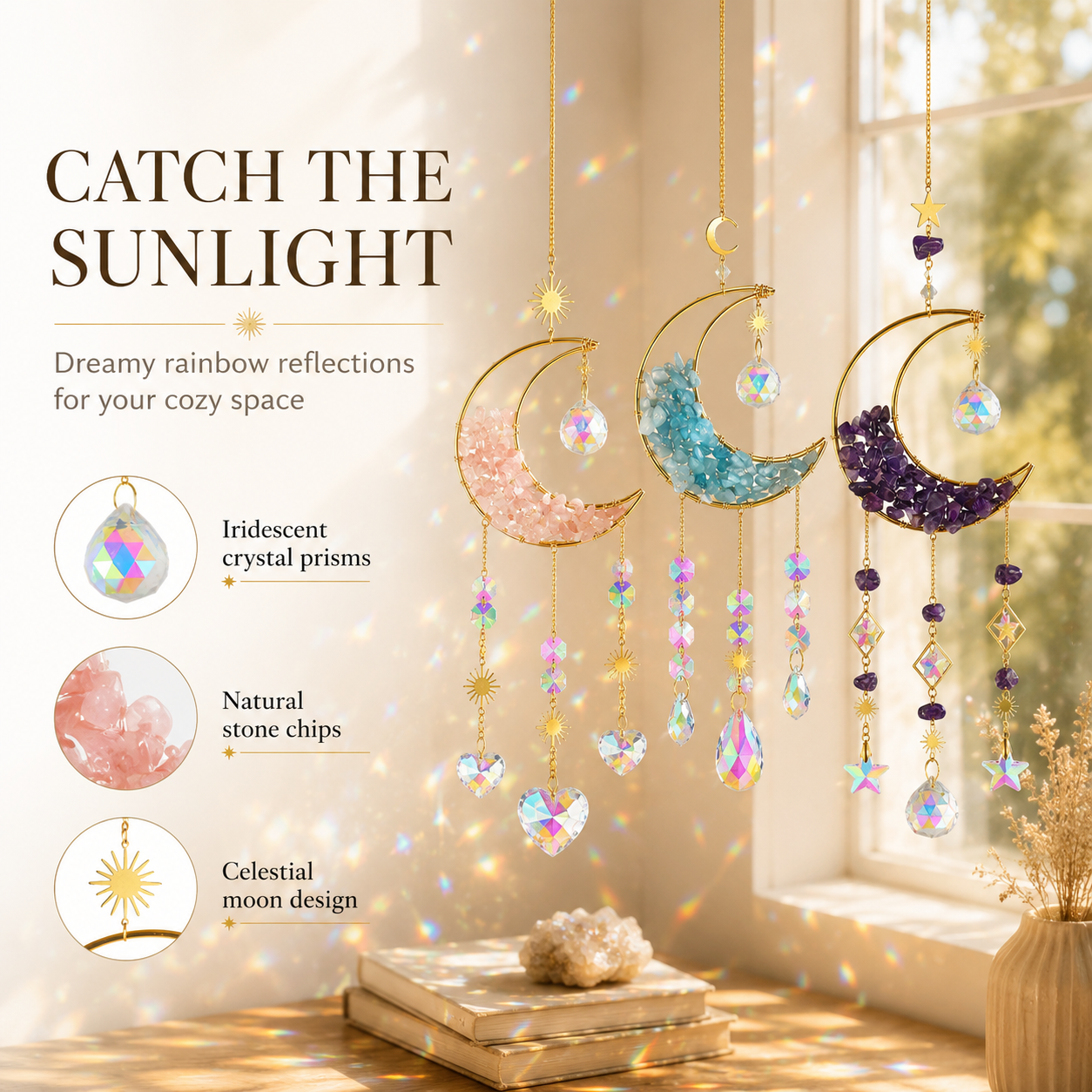 Moon Crystal Suncatcher Hanging Ornament, Gold Crescent Moon Window Hanging Decor with Natural Stone Chips, Iridescent Crystal Prisms & Star Charms, Boho Sun Catcher for Window, Bedroom, Nursery, Wall Decor