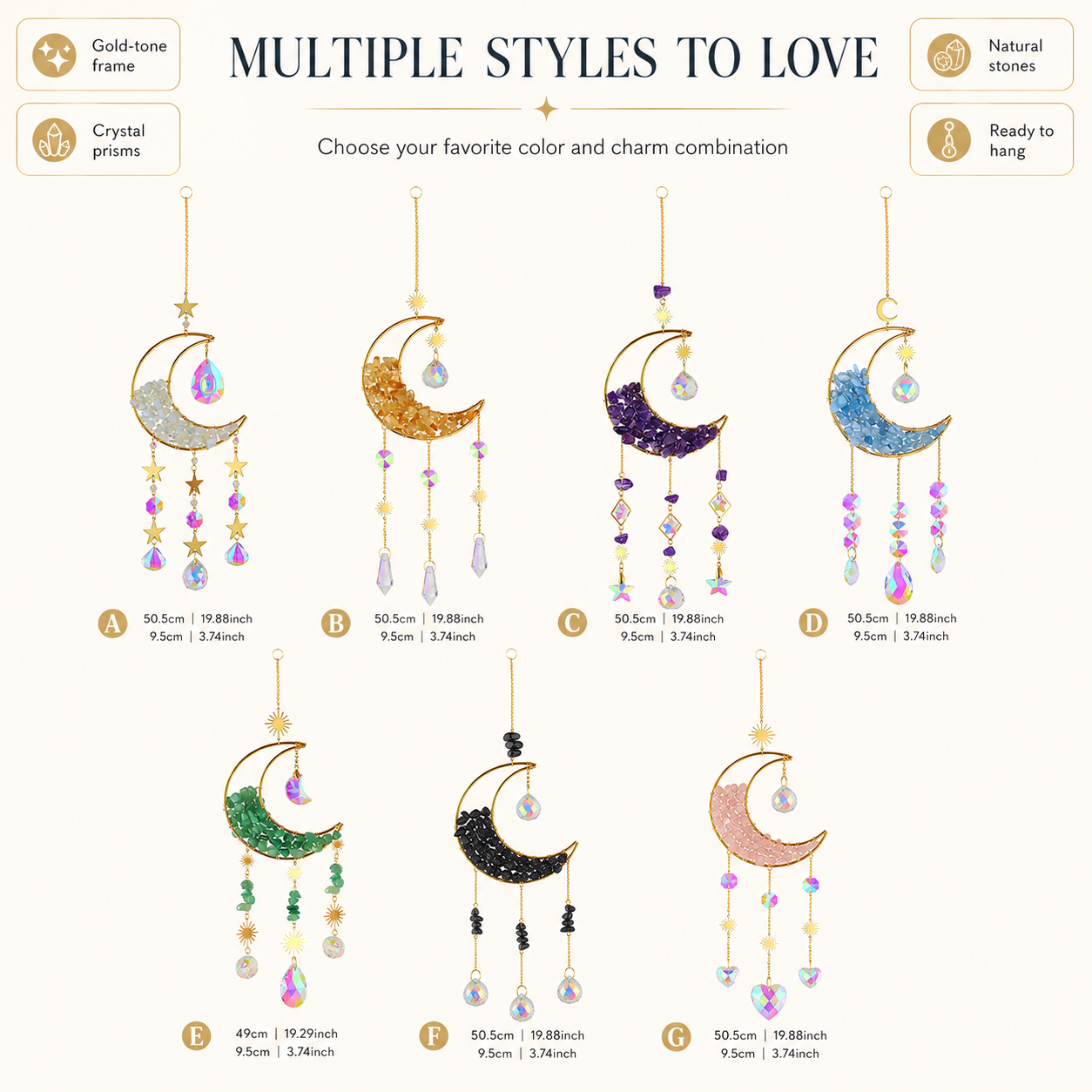Moon Crystal Suncatcher Hanging Ornament, Gold Crescent Moon Window Hanging Decor with Natural Stone Chips, Iridescent Crystal Prisms & Star Charms, Boho Sun Catcher for Window, Bedroom, Nursery, Wall Decor