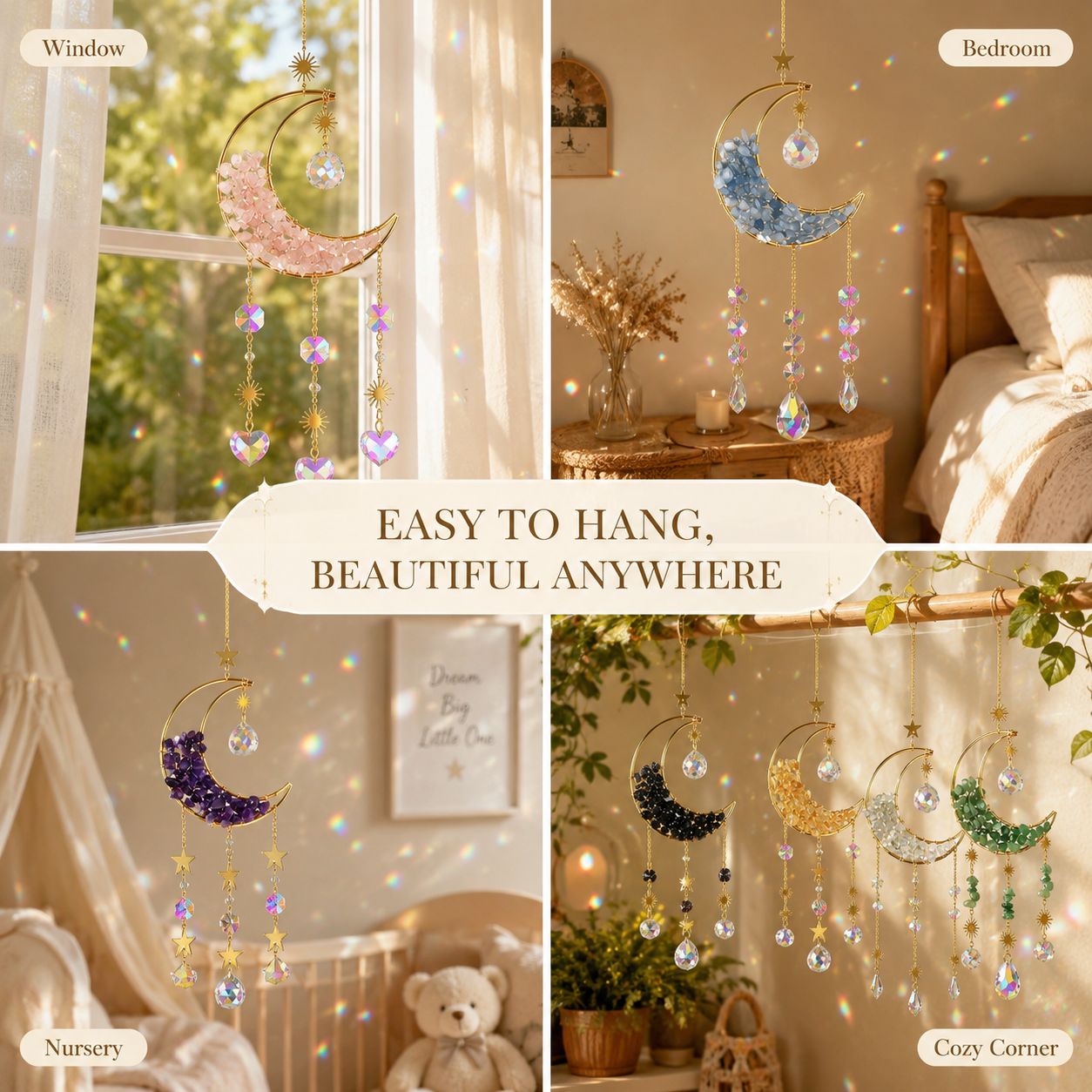 Moon Crystal Suncatcher Hanging Ornament, Gold Crescent Moon Window Hanging Decor with Natural Stone Chips, Iridescent Crystal Prisms & Star Charms, Boho Sun Catcher for Window, Bedroom, Nursery, Wall Decor