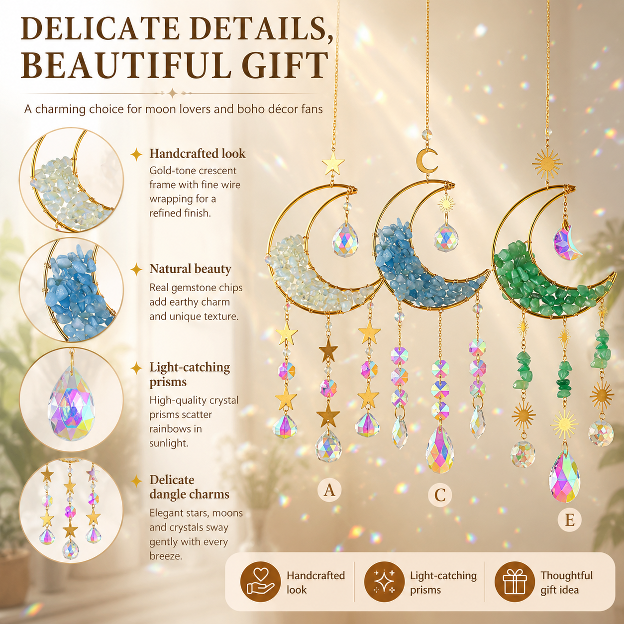 Moon Crystal Suncatcher Hanging Ornament, Gold Crescent Moon Window Hanging Decor with Natural Stone Chips, Iridescent Crystal Prisms & Star Charms, Boho Sun Catcher for Window, Bedroom, Nursery, Wall Decor