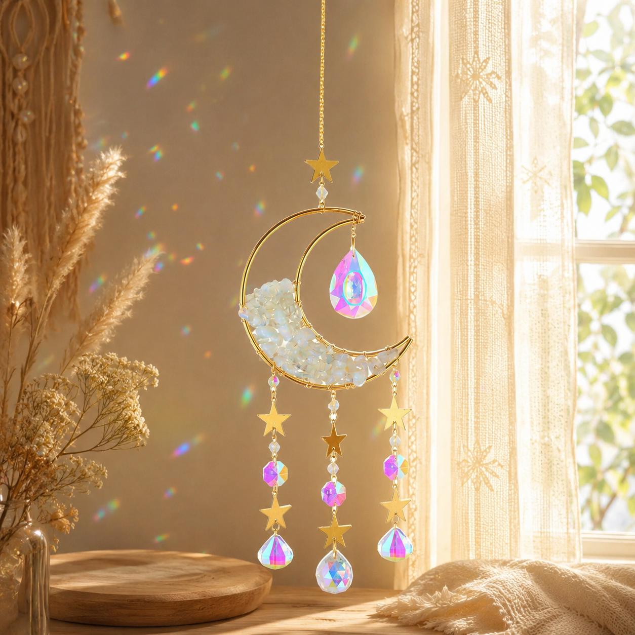 Moon Crystal Suncatcher Hanging Ornament, Gold Crescent Moon Window Hanging Decor with Natural Stone Chips, Iridescent Crystal Prisms & Star Charms, Boho Sun Catcher for Window, Bedroom, Nursery, Wall Decor