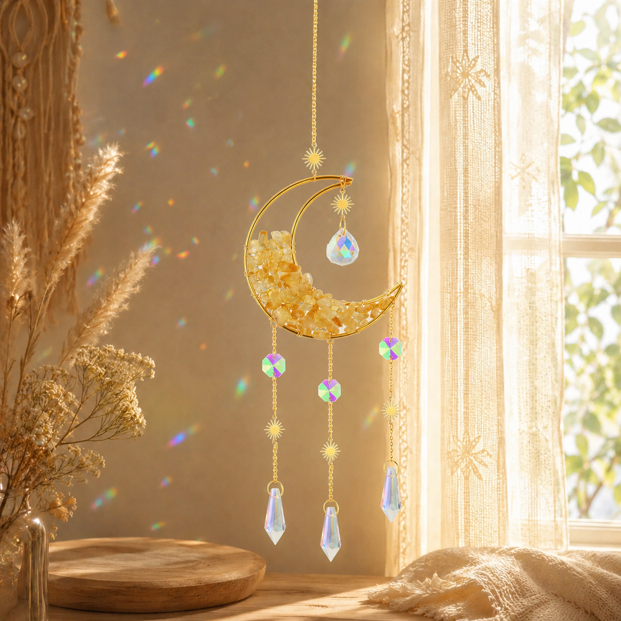 Moon Crystal Suncatcher Hanging Ornament, Gold Crescent Moon Window Hanging Decor with Natural Stone Chips, Iridescent Crystal Prisms & Star Charms, Boho Sun Catcher for Window, Bedroom, Nursery, Wall Decor