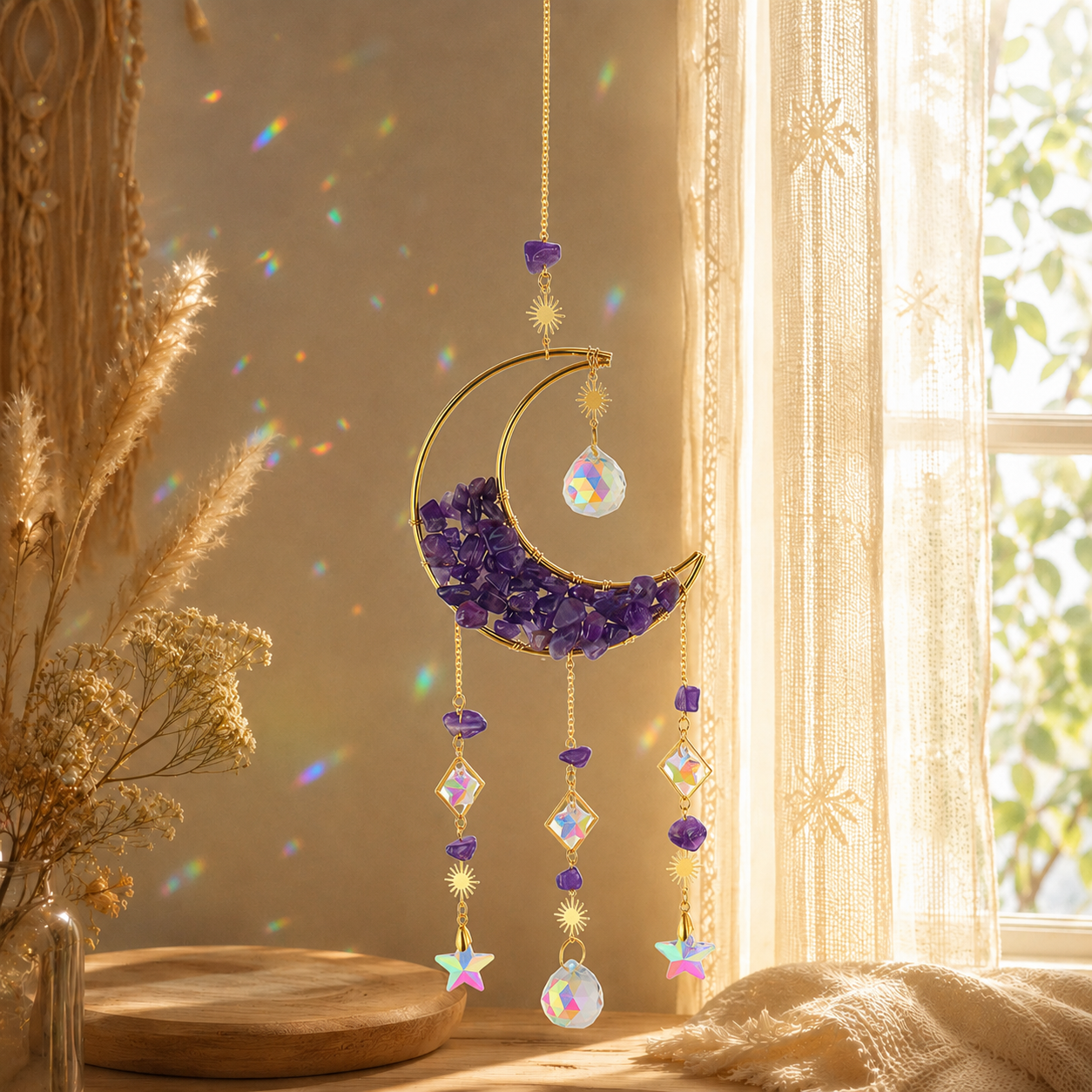 Moon Crystal Suncatcher Hanging Ornament, Gold Crescent Moon Window Hanging Decor with Natural Stone Chips, Iridescent Crystal Prisms & Star Charms, Boho Sun Catcher for Window, Bedroom, Nursery, Wall Decor