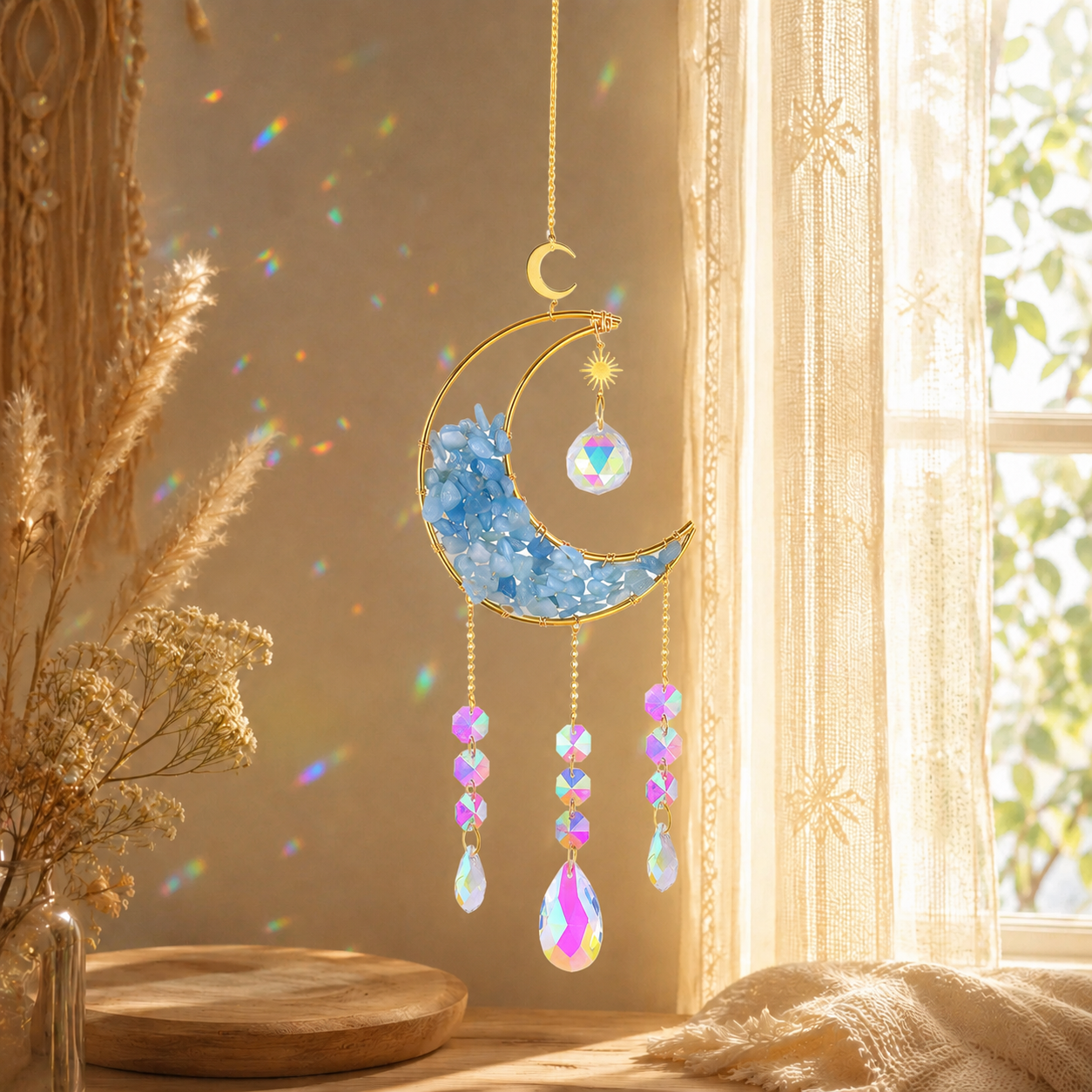 Moon Crystal Suncatcher Hanging Ornament, Gold Crescent Moon Window Hanging Decor with Natural Stone Chips, Iridescent Crystal Prisms & Star Charms, Boho Sun Catcher for Window, Bedroom, Nursery, Wall Decor