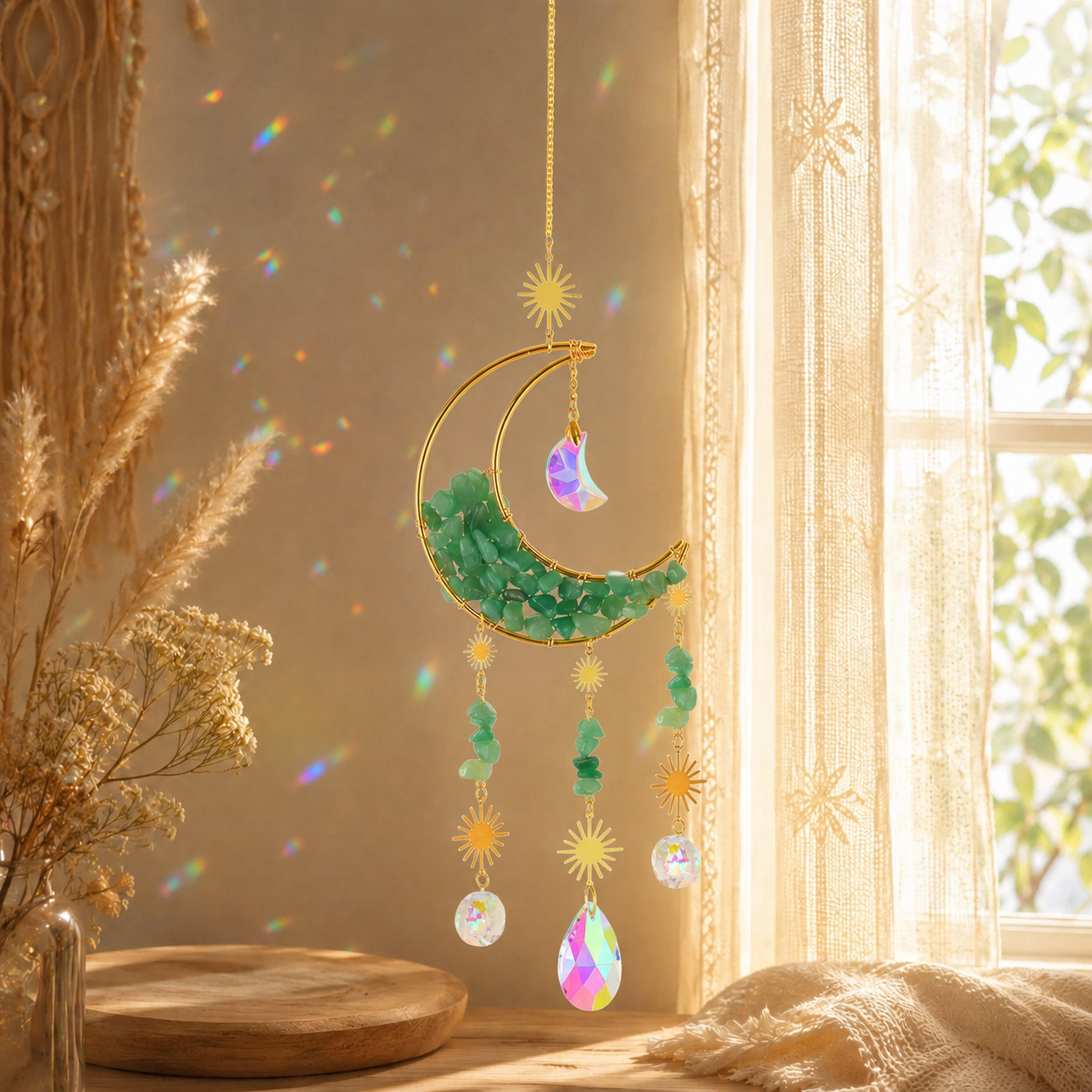 Moon Crystal Suncatcher Hanging Ornament, Gold Crescent Moon Window Hanging Decor with Natural Stone Chips, Iridescent Crystal Prisms & Star Charms, Boho Sun Catcher for Window, Bedroom, Nursery, Wall Decor