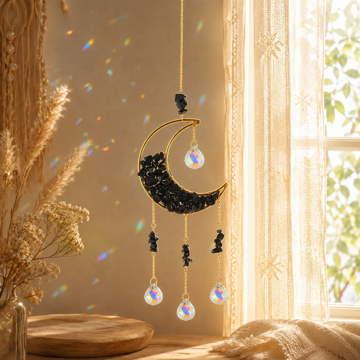 Moon Crystal Suncatcher Hanging Ornament, Gold Crescent Moon Window Hanging Decor with Natural Stone Chips, Iridescent Crystal Prisms & Star Charms, Boho Sun Catcher for Window, Bedroom, Nursery, Wall Decor