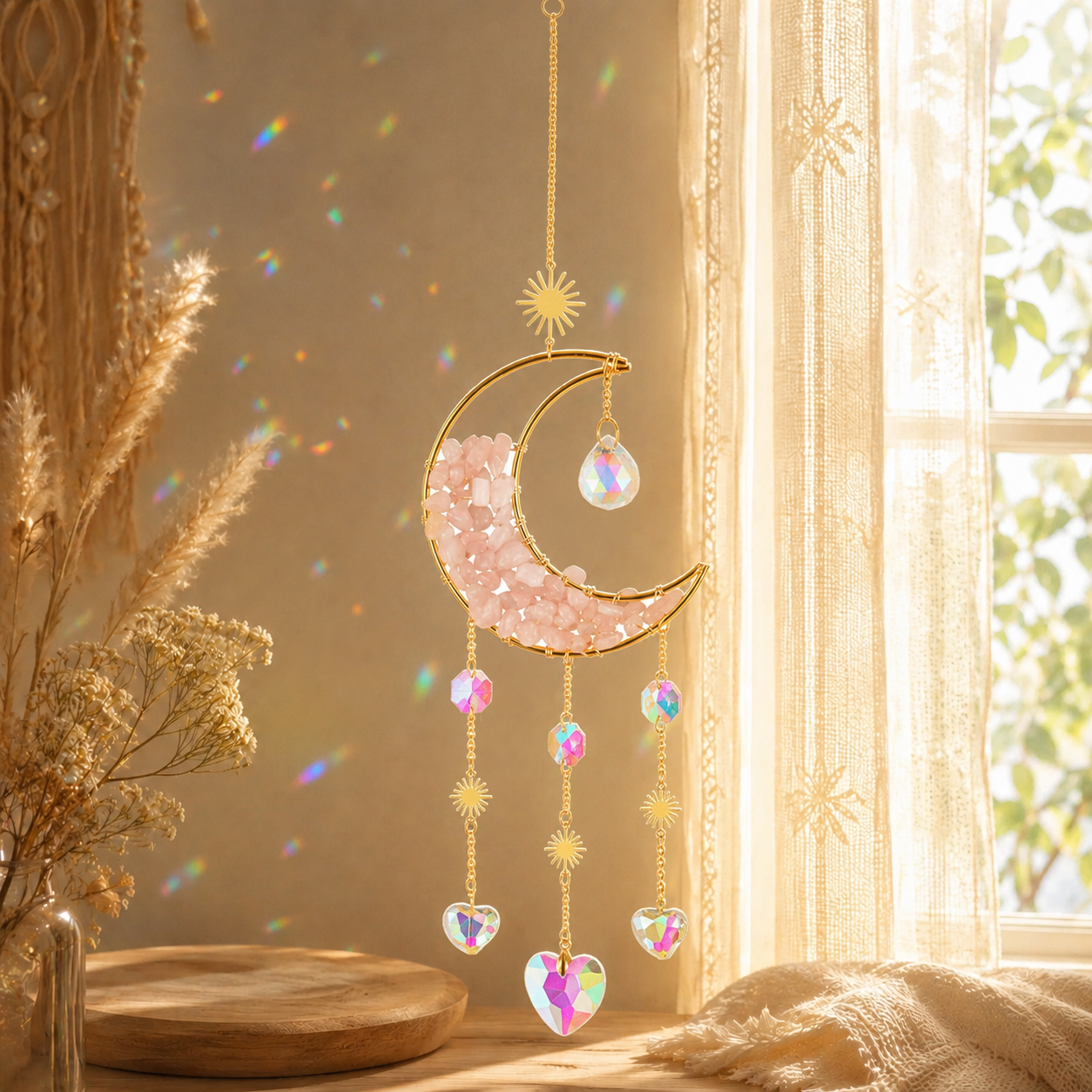 Moon Crystal Suncatcher Hanging Ornament, Gold Crescent Moon Window Hanging Decor with Natural Stone Chips, Iridescent Crystal Prisms & Star Charms, Boho Sun Catcher for Window, Bedroom, Nursery, Wall Decor