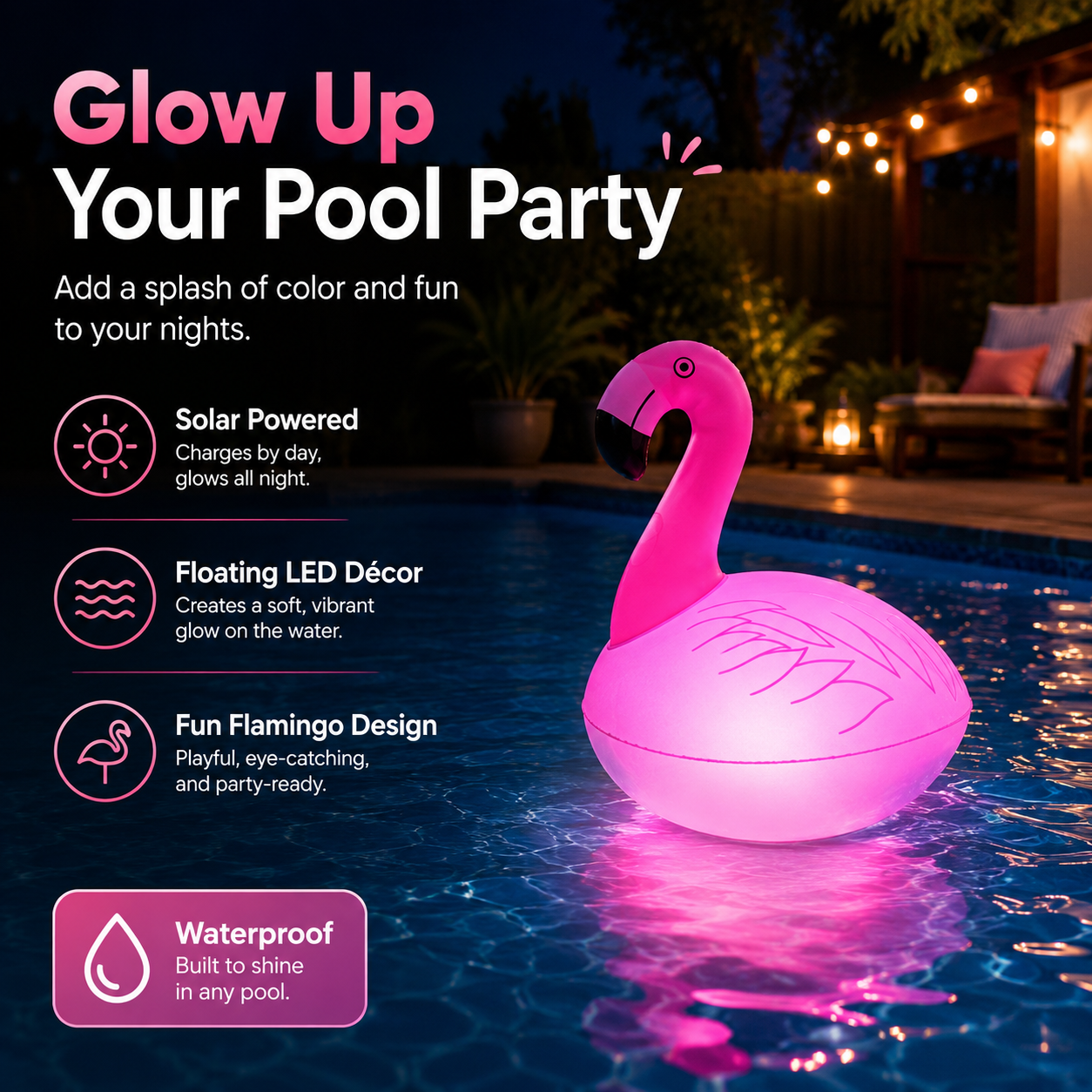 Solar Flamingo Pool Light, Floating Pink LED Pool Decor for Summer Parties