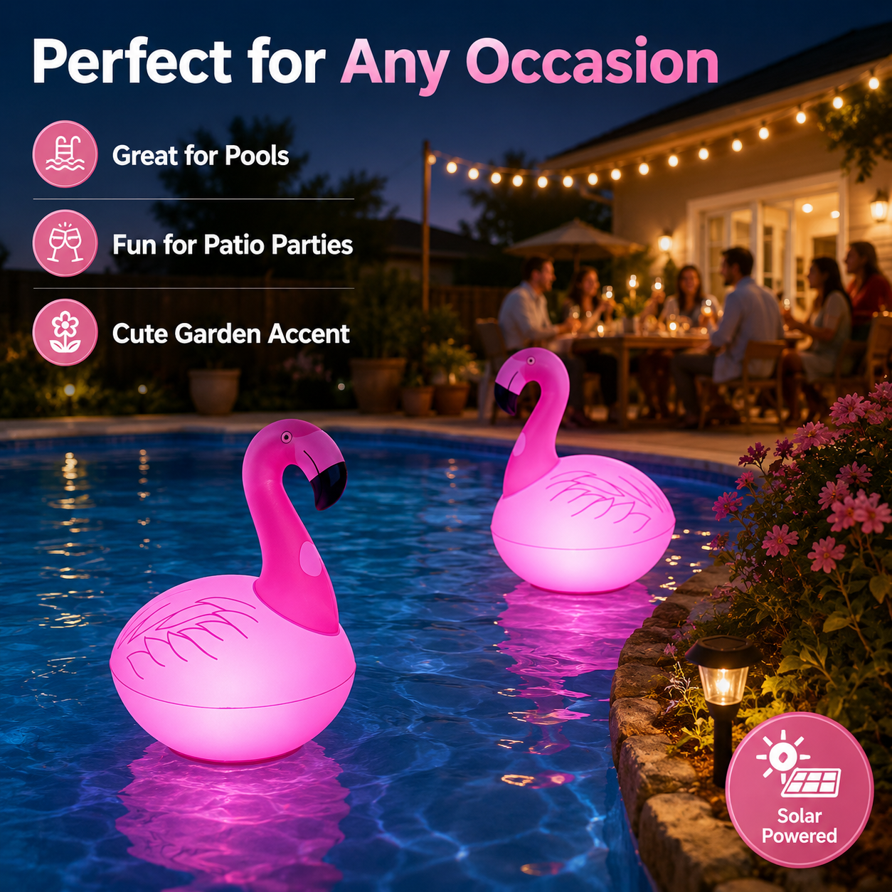 Solar Flamingo Pool Light, Floating Pink LED Pool Decor for Summer Parties