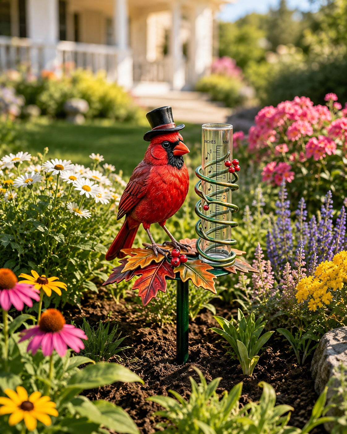 Cardinal Bird Rain Gauge Garden Stake