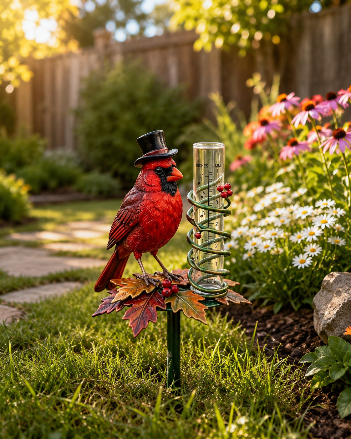 Cardinal Bird Rain Gauge Garden Stake