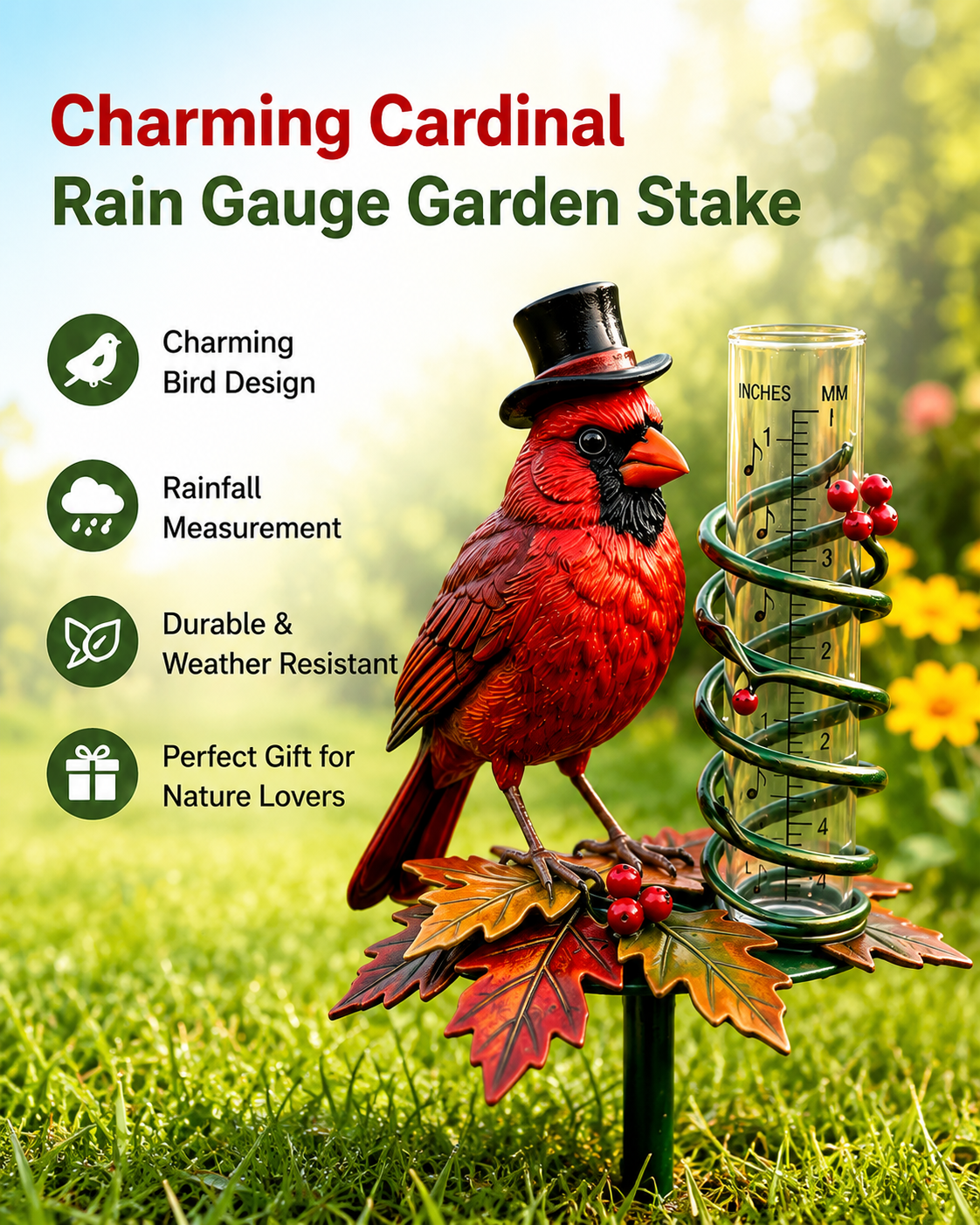 Cardinal Bird Rain Gauge Garden Stake