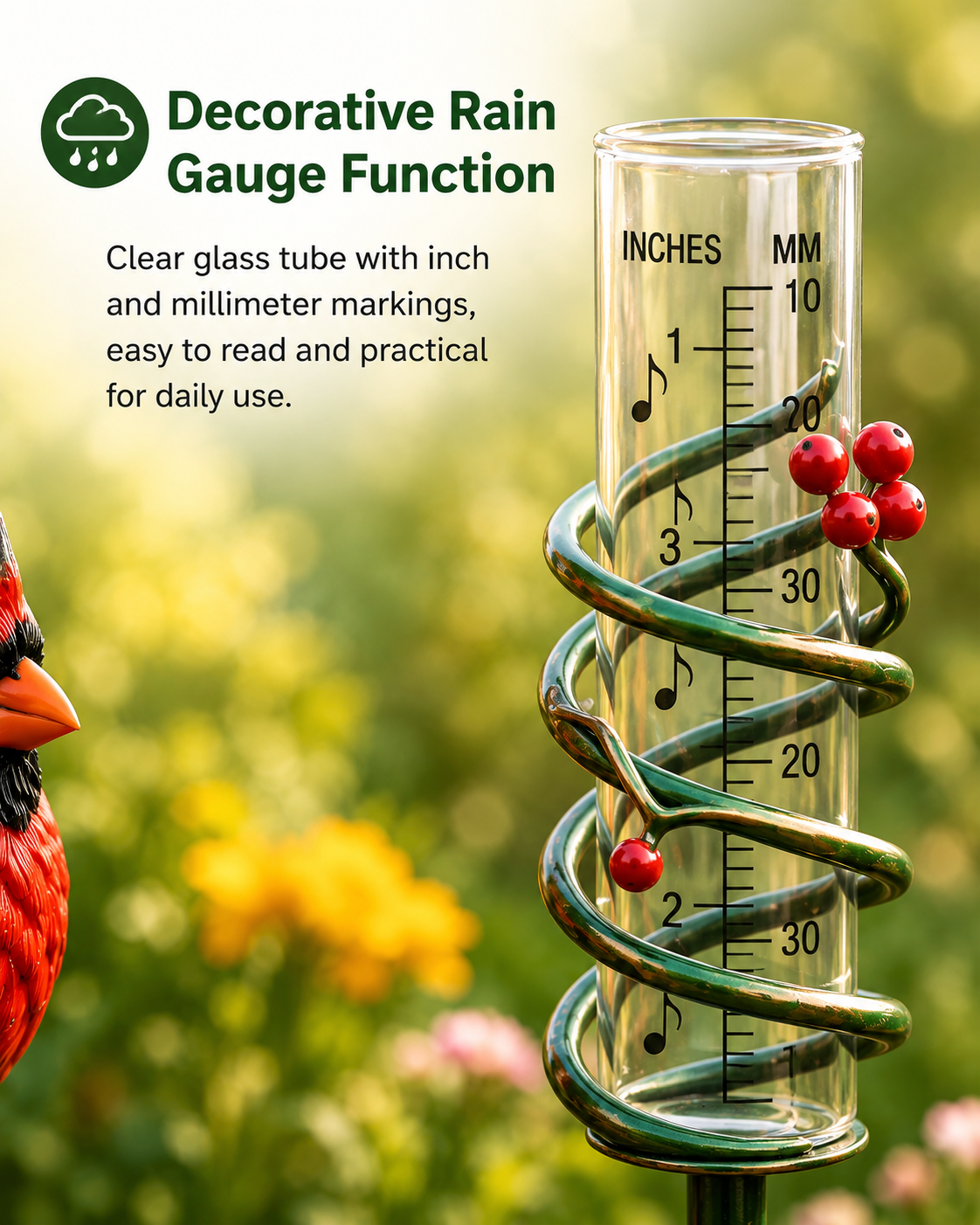 Cardinal Bird Rain Gauge Garden Stake