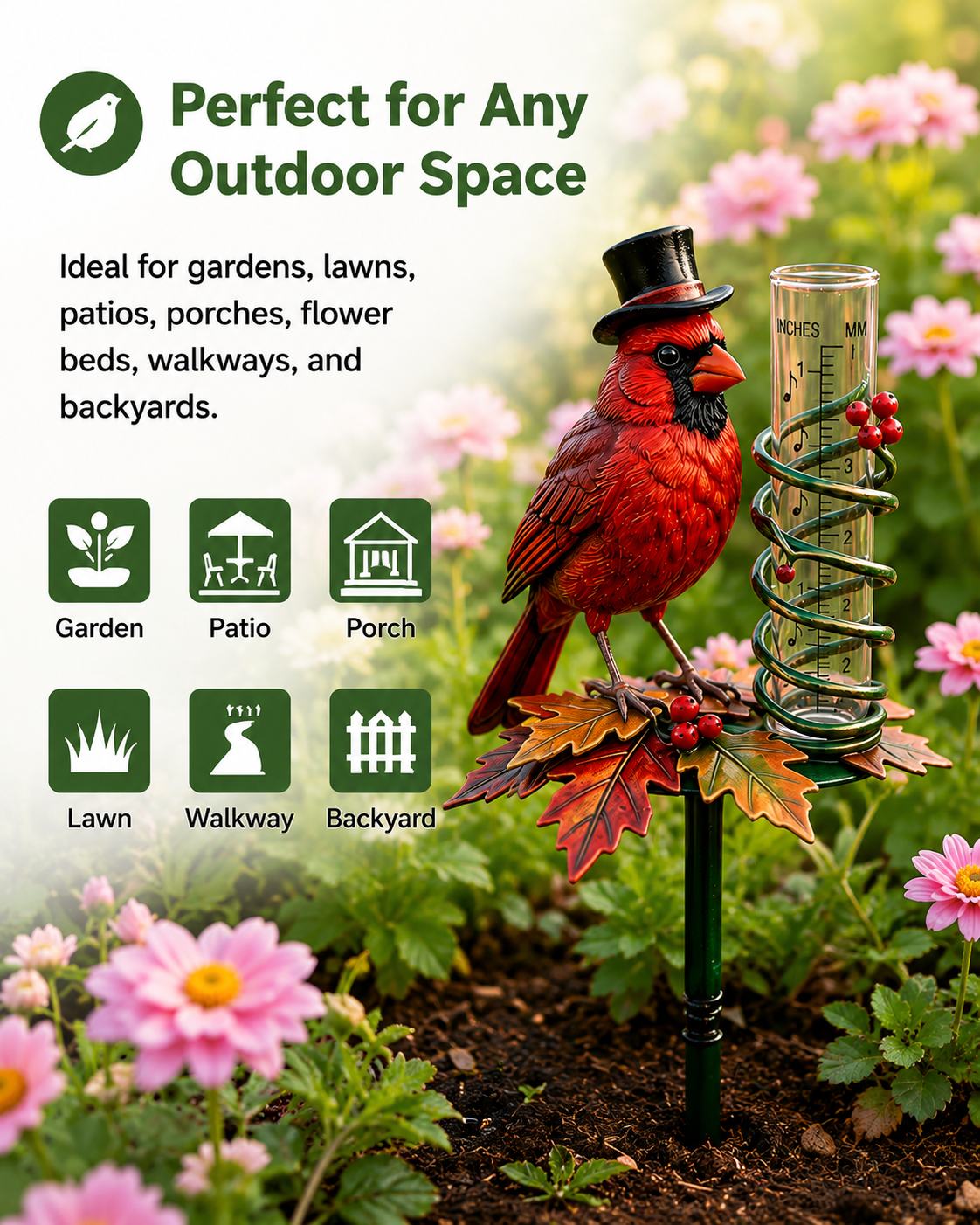 Cardinal Bird Rain Gauge Garden Stake