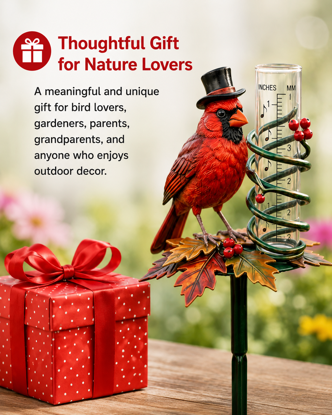 Cardinal Bird Rain Gauge Garden Stake