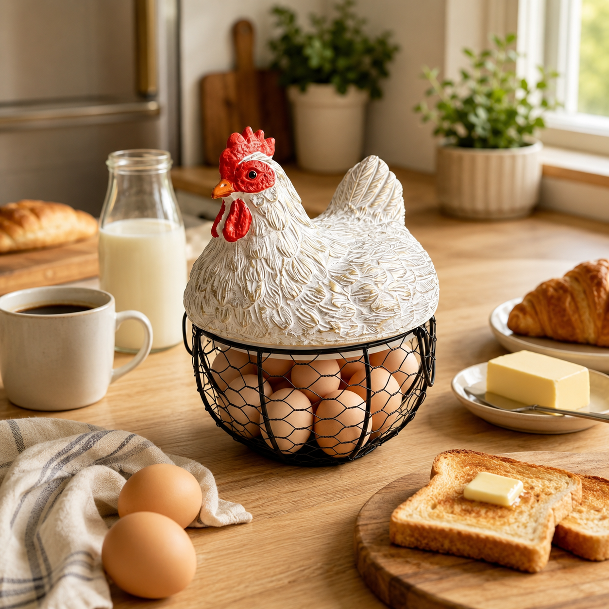Vintage Hen Egg Basket, Decorative Chicken Egg Holder for Kitchen Counter