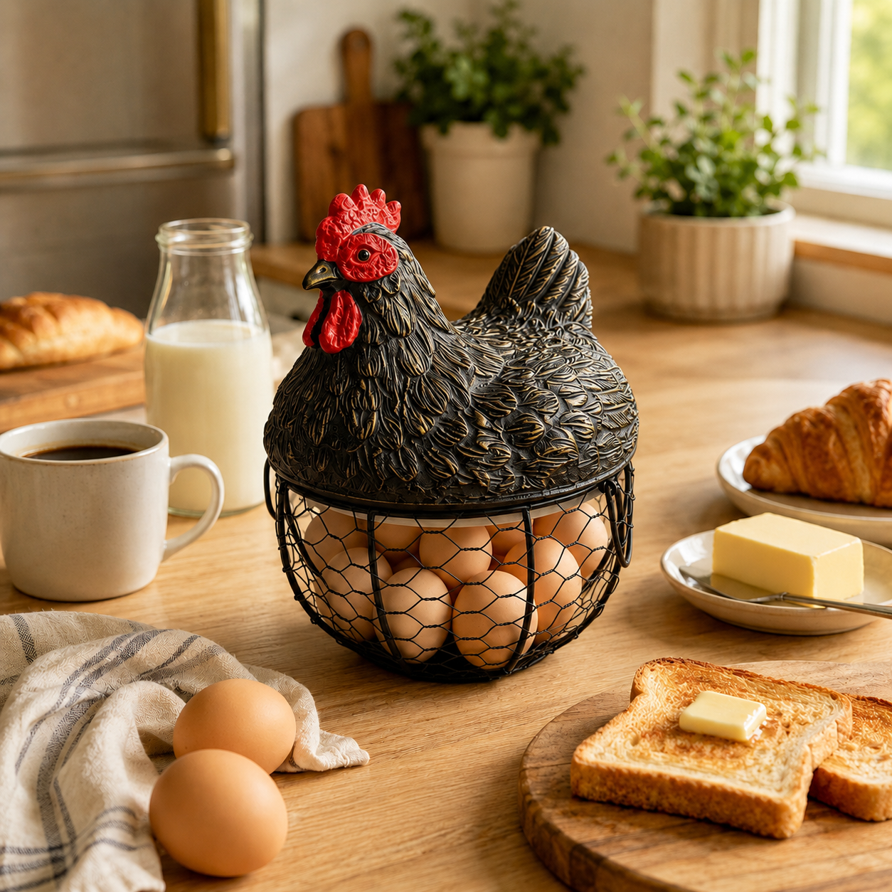 Vintage Hen Egg Basket, Decorative Chicken Egg Holder for Kitchen Counter
