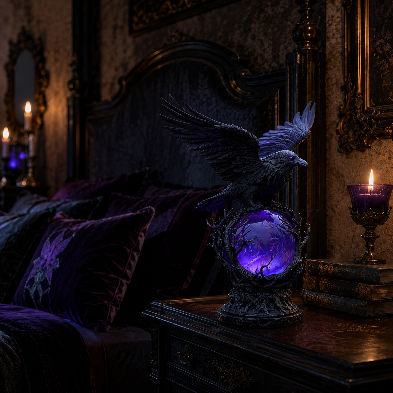 Gothic Raven Crystal Ball Lamp, Purple Glow Night Light for Halloween & Dark Fantasy Decor