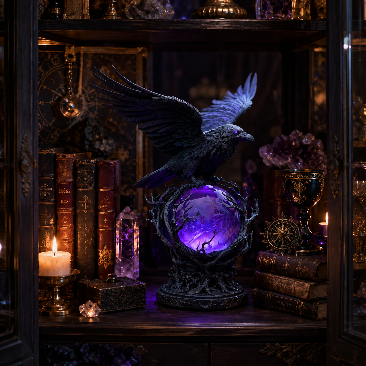 Gothic Raven Crystal Ball Lamp, Purple Glow Night Light for Halloween & Dark Fantasy Decor