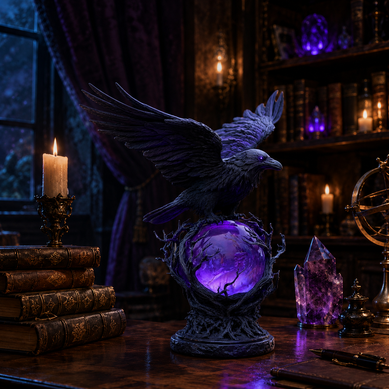 Gothic Raven Crystal Ball Lamp, Purple Glow Night Light for Halloween & Dark Fantasy Decor