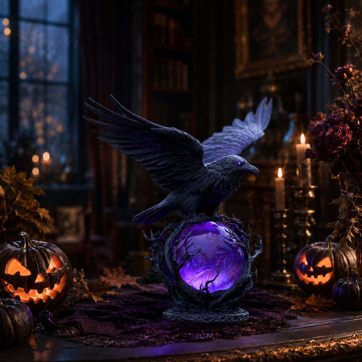 Gothic Raven Crystal Ball Lamp, Purple Glow Night Light for Halloween & Dark Fantasy Decor