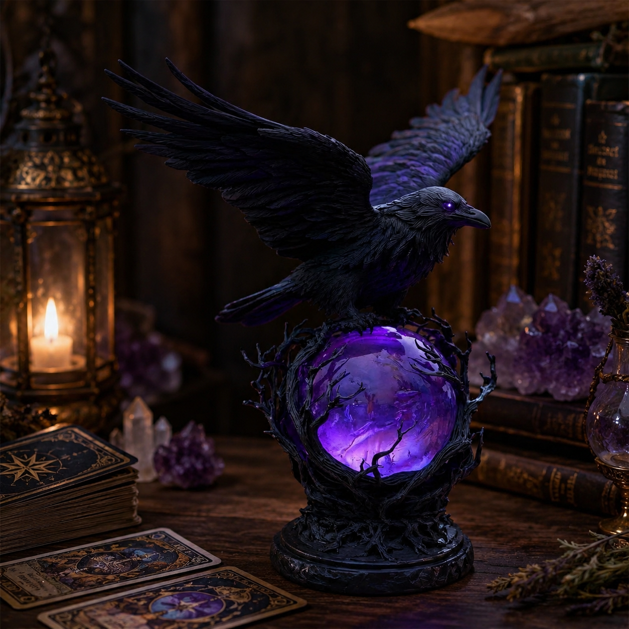 Gothic Raven Crystal Ball Lamp, Purple Glow Night Light for Halloween & Dark Fantasy Decor