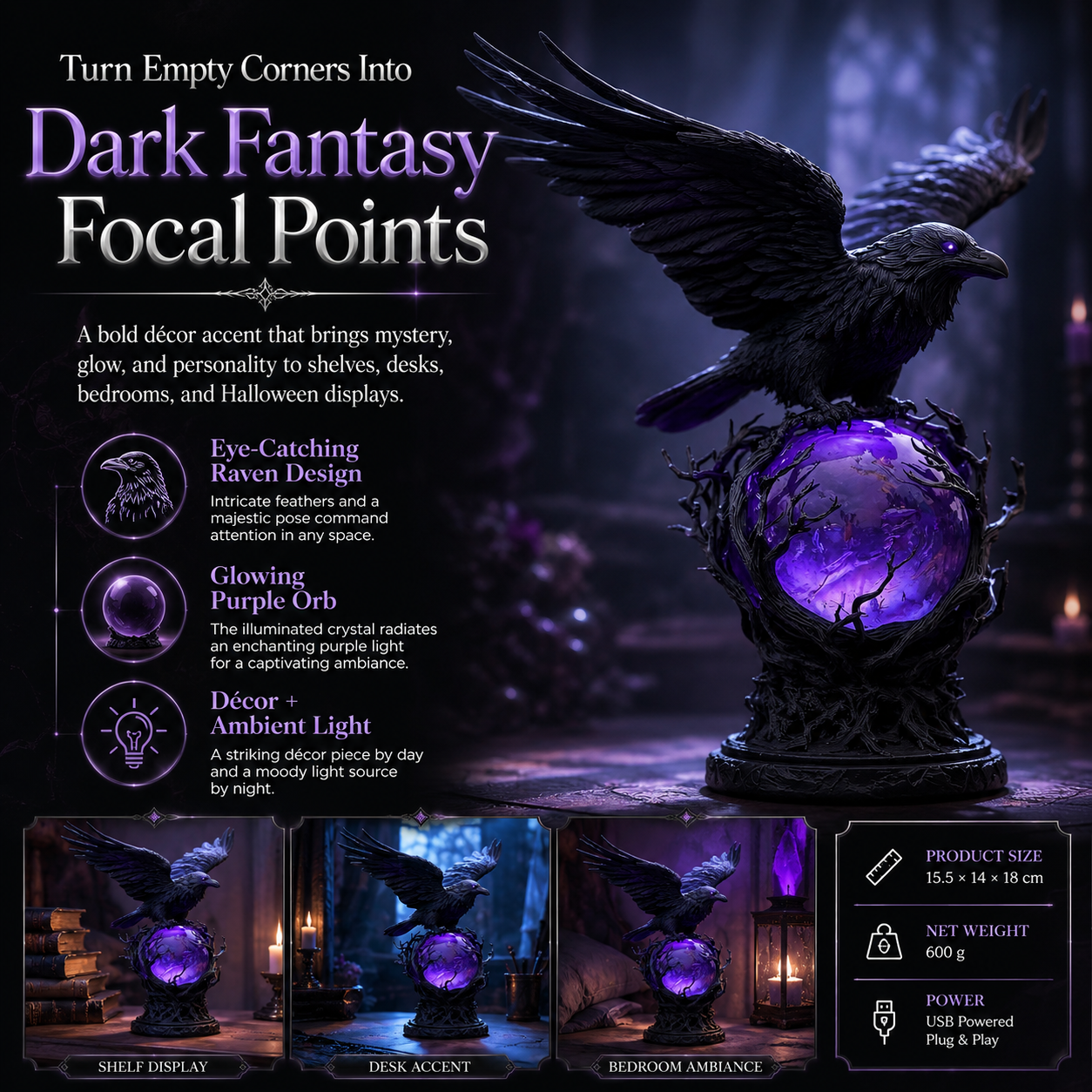 Gothic Raven Crystal Ball Lamp, Purple Glow Night Light for Halloween & Dark Fantasy Decor
