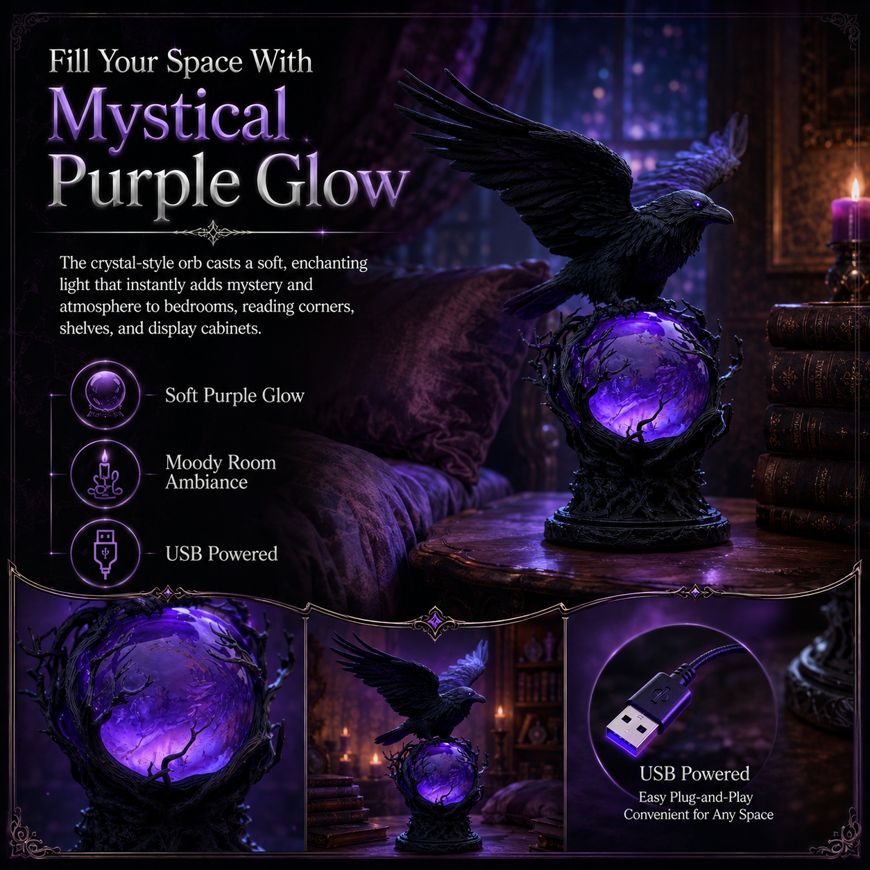 Gothic Raven Crystal Ball Lamp, Purple Glow Night Light for Halloween & Dark Fantasy Decor
