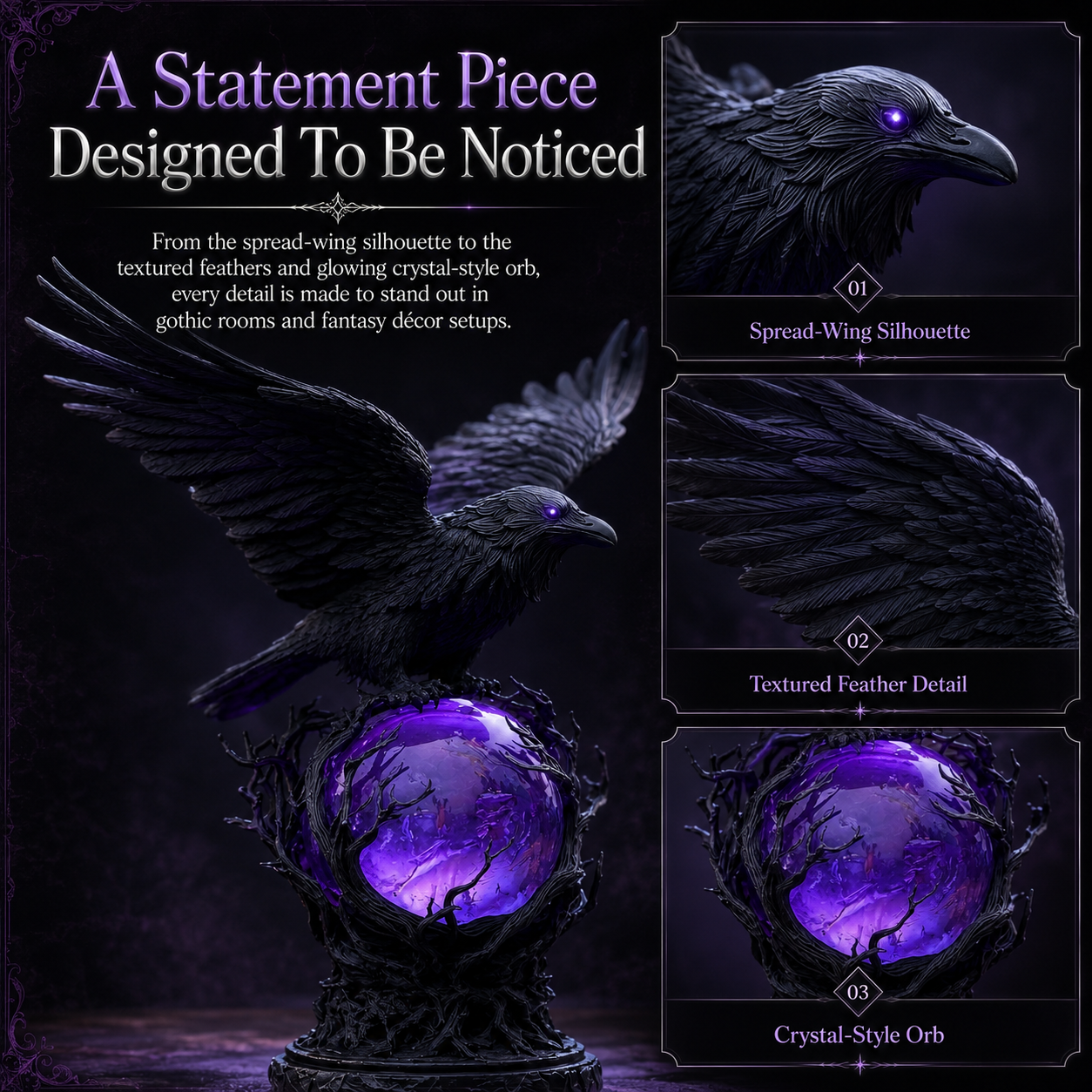 Gothic Raven Crystal Ball Lamp, Purple Glow Night Light for Halloween & Dark Fantasy Decor