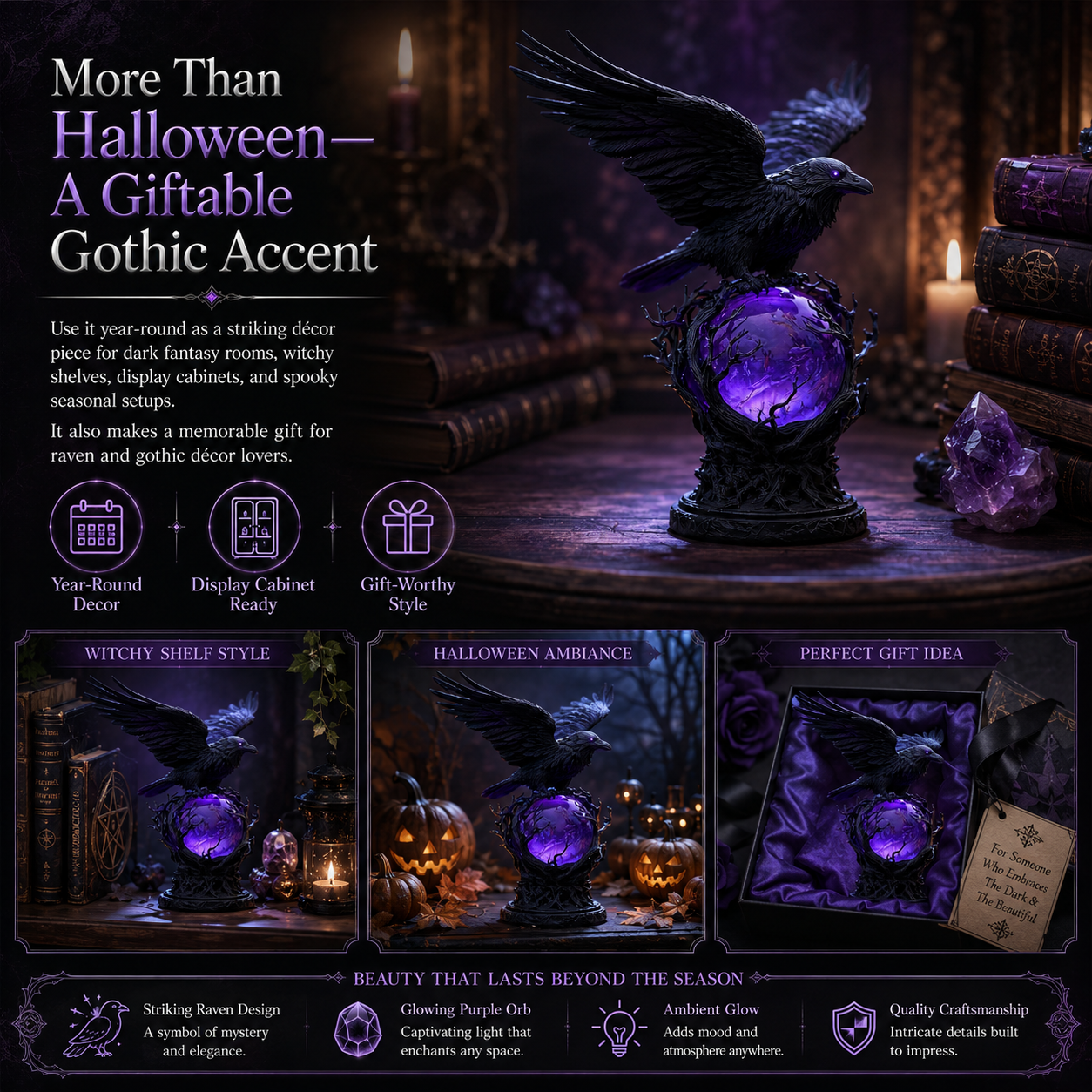 Gothic Raven Crystal Ball Lamp, Purple Glow Night Light for Halloween & Dark Fantasy Decor